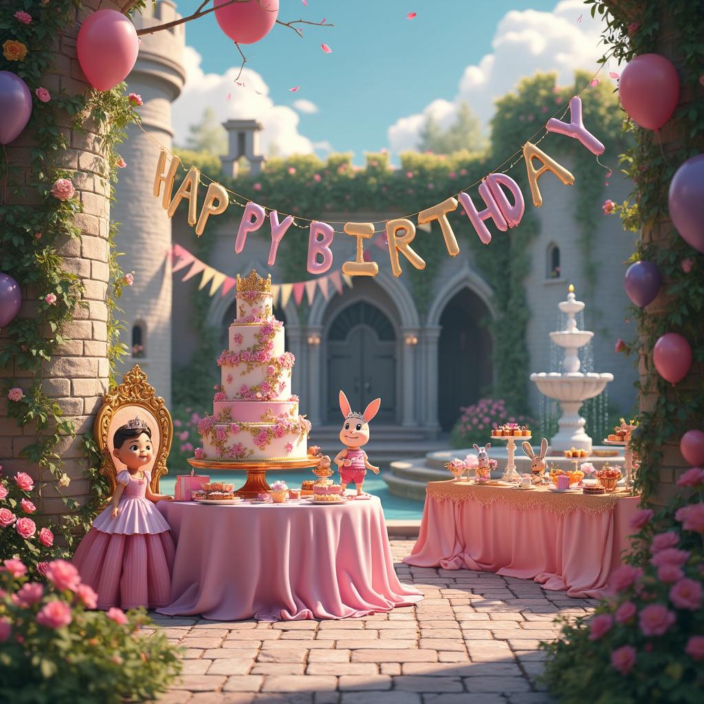 The scene unfolds in a whimsical, enchanted castle courtyard, ideal for a joyful birthday celebration. Towering stone castle walls, entwined with ivy and alive with colorful flowers, form a charming backdrop. Above, the sky is a brilliant blue adorned with fluffy white clouds, among which float shimmering gold letters spelling out "Happy Birthday Riyanshi," each cloud uniquely shaped to represent a letter in her name. In the heart of the courtyard, a majestic multi-tiered birthday cake stands proudly, intricately decorated with fairy-tale motifs such as crowns, unicorns, and magic wands. Atop the cake rests a small princess figurine resembling Riyanshi herself, donned in a tiny golden crown and a lovely pink ball gown. Surrounding the cake are whimsical balloons shaped like stars and hearts, radiating in shades of pink, purple, and gold.

To the right of this enchanting focal point, a beautiful fountain cascades water gracefully, framed by flourishing rose bushes. Nearby, a joyful gathering of woodland creatures—rabbits, birds, and squirrels—happily hold tiny gift boxes wrapped in colorful paper. On the left, a long banquet-style table draped in pink cloth showcases an array of delicious treats like cupcakes, cookies, and fruit platters. This table sparkles with princess-themed decorations, including glittering tiaras and wands that serve as delightful centerpieces. Strung across the courtyard are fairy lights that add a magical twinkle, while the cobblestone ground is adorned with rose petals leading up to a grand throne.

Seated upon the throne is Riyanshi, dressed like a princess, who smiles and waves at her friends, all of whom are dressed in their own imaginative costumes. In the background, banners and flags in soft pastel colors flutter gently in the breeze, completing the festive and royal ambiance of the celebration.

Generated with these themes: My Princes.  
Made with ❤️ by AI.