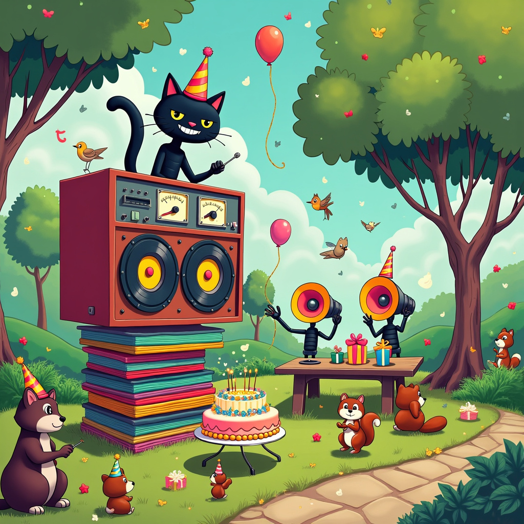 In a vibrant, bustling park, a larger-than-life birthday scene unfolds. Picture a colorful, cartoonish landscape reminiscent of a Schulz's Peanuts backdrop with exaggerated expressions and movement akin to Watterson's Calvin and Hobbes. In the center of the scene, an anthropomorphic, retro-styled hi-fi system, inspired by Tezuka’s friendly robots, dances merrily. This hi-fi character sports vintage dials and glowing meters, with arms and legs formed from twisted cords and speaker cables.

Surrounding the hi-fi, a lively crowd of animals and quirky characters gather, each with their own unique spin. A giant stack of vinyl records, colored in a spectrum of bright hues, towers to the left, serving as a makeshift stage. Atop this stage, a sleek black cat with a mischievous grin (a nod to Larson’s quirky animals) spins records like a DJ, each disc featuring oversized, playful labels.

To the right, a trio of whimsical, anthropomorphized loudspeakers, modeled after Eisner’s expressive figures, each with wide eyes and jubilant expressions, blare out music. One speaker even wears a party hat, complete with a little puffball on top. The sound waves, illustrated as colorful, wavy lines, burst from the speakers and ripple through the air, giving life to the surrounding scene.

Near the hi-fi, an old-fashioned picnic table (a wink to Hergé's classic props) is laden with a birthday cake, balloons, and gifts. The cake, lavishly decorated with vibrant frosting and sparklers, captures the attention of a pair of curious raccoons and a bemused dog in a party hat. Above, birds inspired by McCay's whimsical designs flutter with streamers in their beaks, adding a touch of festive chaos to the sky.

In the background, a few trees, reminiscent of Disney’s lush, rounded foliage, sway gently. Tucked under one of these trees, a squirrel with an acorn microphone narrates the scene, while another holds a banner reading "Happy Birthday!" in bubbly, cartoonish letters.

Each element of the scene is meticulously detailed to create a dynamic, joyful tableau that merges the eclectic charm of hi-fi and records with the exuberance of a birthday celebration.
Generated with these themes: Hi fi, Records, and Loudspeakers.
Made with ❤️ by AI.