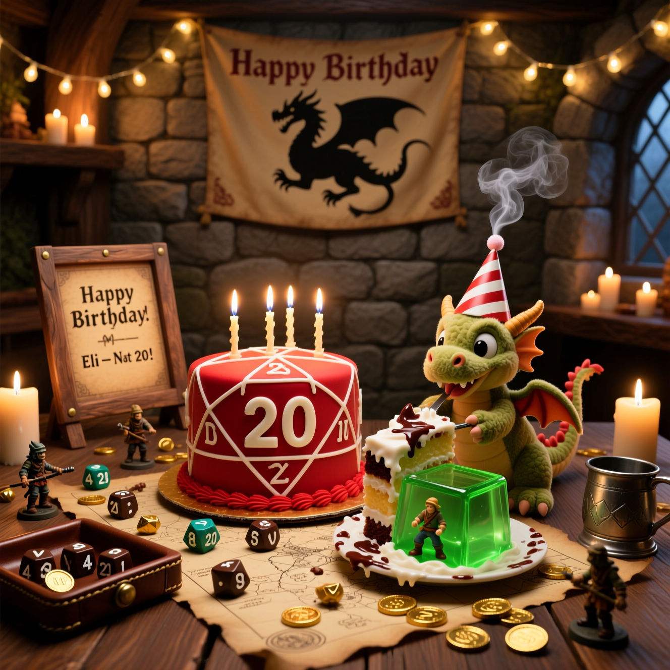 At the top of the Photorealistic picture taken from a camera image, Happy Birthday, Eli — Nat 20 on Cake!

Ultra-high-definition 4K UHD photograph, lifelike textures, accurate lighting, rich depth of field, portrait orientation. A cozy medieval tavern–style party scene captured like a candid snapshot: a sturdy wooden gaming table set for a Dungeons and Dragons session turned birthday celebration. Center stage: a hyper-real red fondant d20 cake with the “20” face aimed at the lens, candles flickering; beside it, a translucent green gelatinous-cube jello with a trapped adventurer miniature inside. Polyhedral dice (d4–d20) scattered across a parchment battle map, painted minis mid-“battle” with one toppled into frosting like a critical fail, leather dice tray, wooden DM screen (no legible text anywhere). A mischievous plush baby dragon in a tiny party hat is mid-heist, tugging a slice of cake, frosting smeared on its snout; chocolate gold coins spill like a dragon hoard. Warm wax-dripped candles and soft string lights cast golden, cinematic glow; faint candle smoke curls; faux stone wall and a banner with a dragon silhouette in the background (no words). Shot on a full-frame camera with a 35mm lens, f/2.8, ISO 400, 1/125s; tack-sharp focus on the cake and plush dragon, gentle background bokeh; natural shadows, icing sheen, resin dice translucency, micro crumbs, pewter tankard patina. Three-quarter angle from a player’s eye level, playful and funny mood, ample negative space in the upper third for the caption, real materials only, no CGI, no extra typography beyond the single caption.
Generated with these themes: Dungeons and dragons, and .
Made with ❤️ by AI.