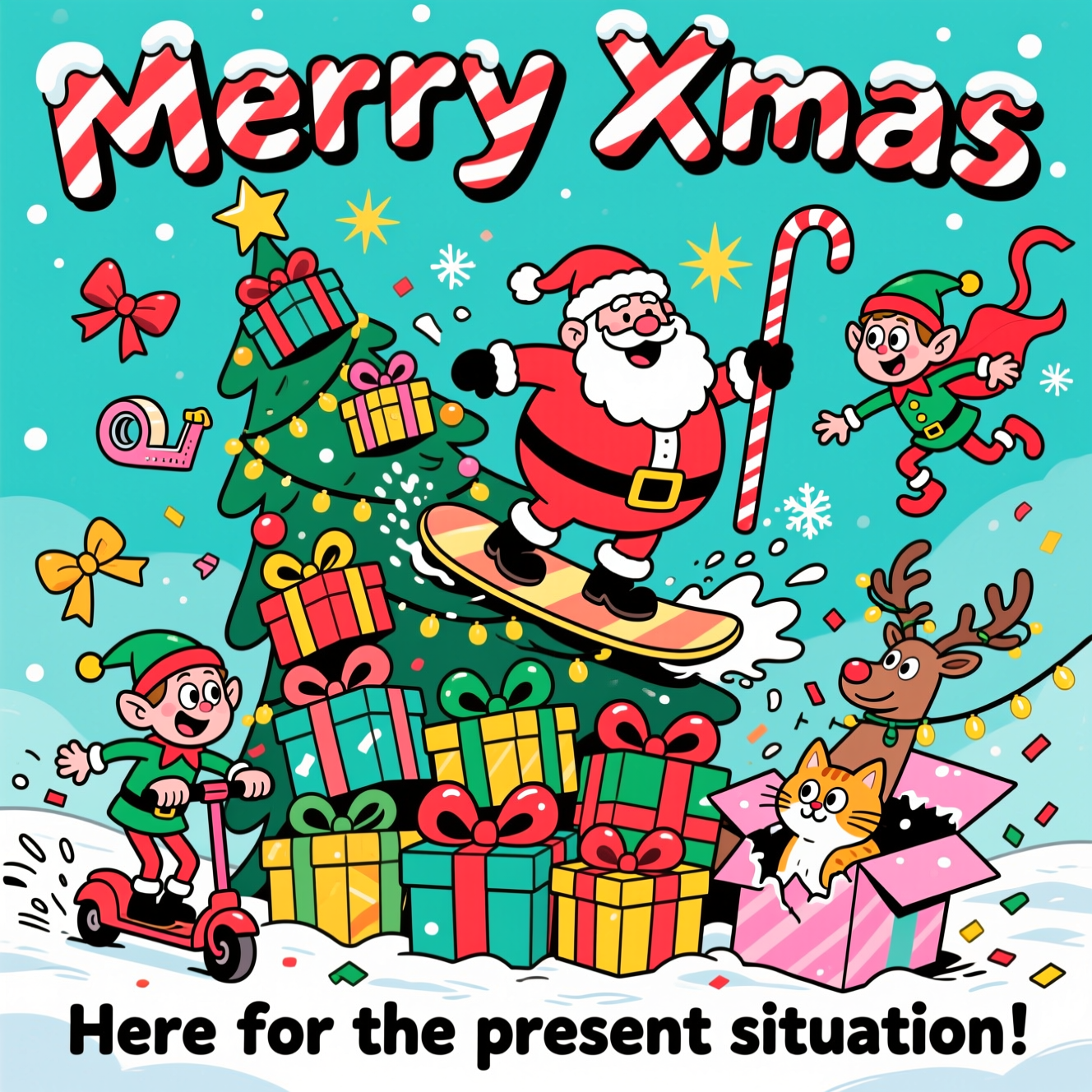 At the top of the Cartoon Style image, "Merry Xmas"

At the bottom of the image, "Here for the present situation!"

- Center scene: A towering, wobbly mountain of oversized presents stacked higher than a chunky, over-decorated Christmas tree. Boxes of all sizes burst with curly ribbons and outsized bows, some sliding mid-tumble.
- Santa, with a huge belly, tiny legs, and a goofy grin, surfs down the pile on a flat, ribbon-wrapped gift like a snowboard, using a candy cane as a balance pole. Swoosh lines and sparkles emphasize motion.
- Two hyperactive elves with big heads and noodle limbs zip around on tape dispensers like scooters, tossing bows into the air; one elf mid-leap, the other dangling from a ribbon.
- A reindeer tangled in twinkly string lights peeks out, wearing an enormous bow on its nose; eyes wide and silly.
- A smug cat pops out of a torn gift box wearing a ribbon like a superhero cape; confetti snowflakes flutter around.
- Style notes: playful cartoon exaggeration, thick black outlines, bouncy poses, glossy highlights on wrapping paper, dynamic motion lines, and starburst sparkles.
- Color palette: bright saturated cherry red, holly green, icy teal, sunshine yellow, bubblegum pink, and snowy white accents.
- Text styling: 
  - Top text in giant candy-cane striped bubble letters with a snowy frosting and thick black outline.
  - Bottom punchline on a big dangling gift tag near the base of the pile, bold and legible.
- Keep the headline and punchline large and dominant, with the presents chaos framing the text.
Generated with these themes: Presents, and .
Made with ❤️ by AI.