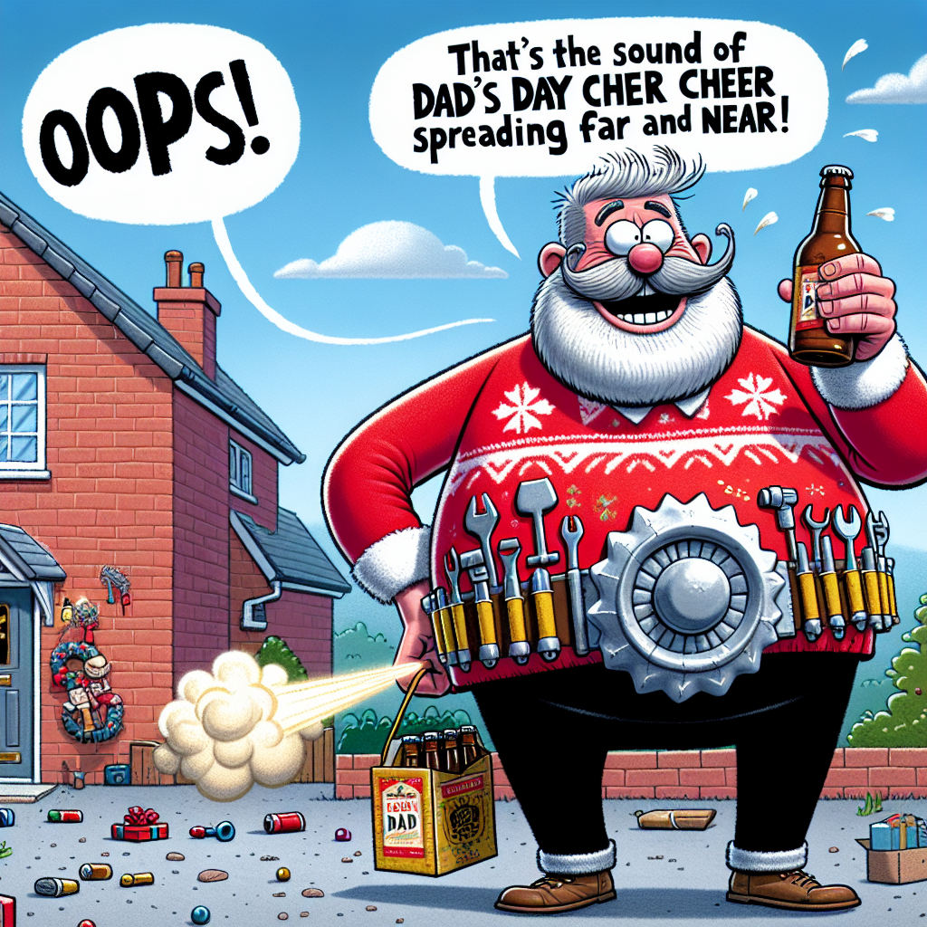 The scene begins with a jovial figure resembling the traditional Father Christmas but giving off a cool dad vibe. He is merrily approaching a suburban house dressed in a red outfit embellished with miniature whimsical tools and brandishing a large, silver belt buckle shaped like a beer bottle. This Santa-inspired character is carrying a six-pack of craft beer, a common Father's Day gift. Unexpectedly, a humorous sound like a small fart disrupts the silence. This jolly character chuckles, shaking his head, and jests in response, 'Oops! That's the sound of Dad's day cheer spreading far and near!' A puff of comic-style mock gas visibly floats away, provoking laughter from the neighboring onlookers.
Generated with these themes: Daddy Claus, who looks like Father Christmas but is 'daddy-fied' and appears on Fathers Day, is delivering beer to a house , and Daddy Claus visibly farts and says something funny about it.
Made with ❤️ by AI.