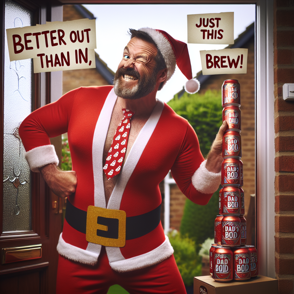 An image of a jovial 'Daddy Claus' embodying the festive spirit of Santa Claus but with a playful 'dad bod' twist. He stands cheerfully at the doorstep of a household, wearing Father's Day-themed red suit decorated with necktie prints. He balances a tall stack of beer cans in his hands. As he carefully positions the festive beverages on the threshold, a comical 'pfft' sound escapes him. He winks and grins wittily, uttering,'Better out than in, just like this Dad's Day brew!', filling the atmosphere with both laughter and a slightly hazy ambiance.
Generated with these themes: Daddy Claus, who looks like Father Christmas but is 'daddy-fied' and appears on Fathers Day, is delivering beer to a house , and Daddy Claus visibly farts and says something funny about it.
Made with ❤️ by AI.