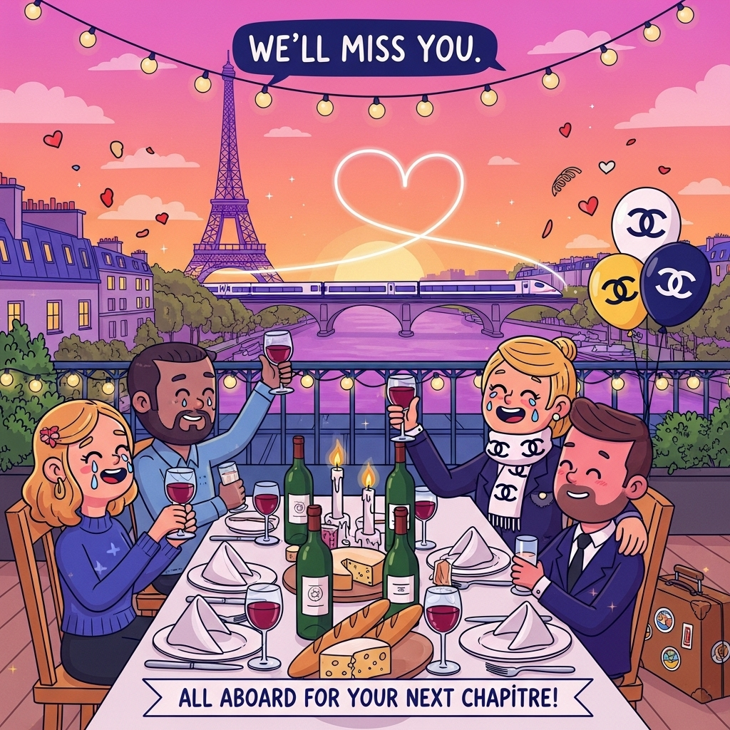 At the top of the Cartoon Style image, We'll miss you

A warm Parisian sunset over a rooftop terrace, the Eiffel Tower glowing lavender-gold in the distance while a sleek TGV train glides across a bridge over the Seine, its light trail curling into a soft heart. Foreground: a lively farewell dinner party scene at a long table brimming with wine bottles and clinking glasses, baguettes, cheeses, and flickering candles under twinkling string lights. Playful cartoon characters with exaggerated proportions, thick bold outlines, and bright saturated colors—big expressive eyes, oversized toasting hands, sincere teary smiles and warm hugs. The honoree, chic in a scarf with a subtle double-C Chanel logo pattern, raises a glass; napkins and one classy black-and-white balloon also carry the Chanel logo motif. Energetic, whimsical poses; confetti hearts floating; a small suitcase by the chair with travel stickers. Composition sweeps from train to tower to table, radiating heartfelt “bon voyage” warmth.

Style notes: bright, punchy palette (sunset pinks, cobalt blues, canary yellow, cherry red), flat fills with gentle gradients, thick inky outlines, soft glow, tiny sparkles. Render the headline in friendly hand-lettered white text with a navy outline, leaving generous sky space at the top.

Additional small text to enhance the image: at the bottom in a slim ribbon banner, “All aboard for your next chapitre!”
Generated with these themes: Paris, eiffel tower, trains, chanel logo, wine, hosting dinner parties, and .
Made with ❤️ by AI.