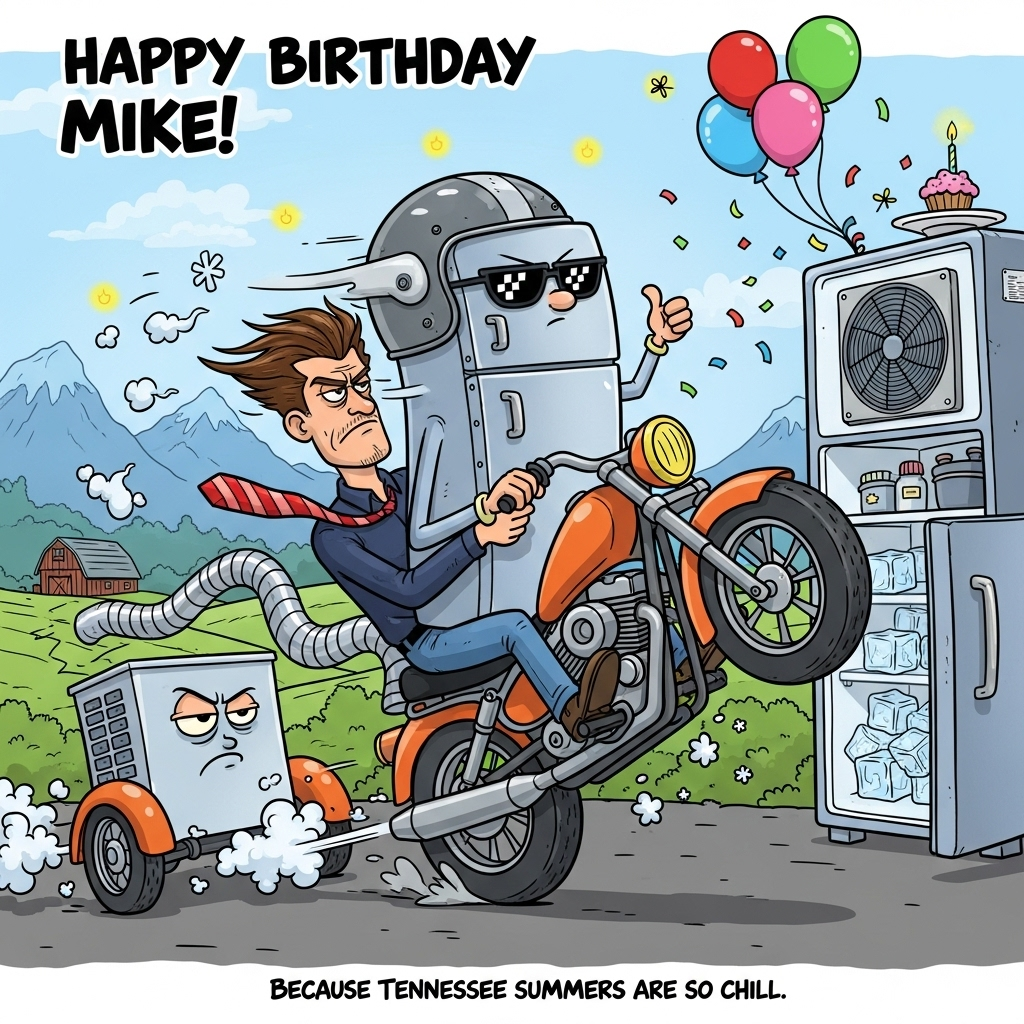 At the top of the Cartoon Style image, Happy Birthday Mike!

Playful, exaggerated cartoon scene: In the foreground, a sarcastic HVAC manager with a flapping tie and windblown hair pops a wheelie on a candy-orange motorcycle. Riding pillion is an anthropomorphic stainless-steel refrigerator in a helmet and aviator shades, giving a cool thumbs-up. Frosty vapor and tiny snowflakes puff from the exhaust like overachieving condensers. A shiny coil of HVAC ducting whips behind them like a silver scarf, and a chunky rooftop AC unit rides in a sidecar with an unimpressed, eye-rolling expression. Background: sunny Tennessee vibes—rolling green hills, hazy blue Smoky Mountains, a rustic barn, and fireflies dotting the warm air. Balloons, confetti, and ice cubes tumble from the fridge door along with a little birthday cupcake on a plate. Thick black outlines, bright saturated colors, energetic motion lines, and whimsical, dynamic poses; funny, cheeky mood.

At the bottom, add a small cheeky caption: Because Tennessee summers are so chill.
Generated with these themes: Refrigeration, Hvac, Sarcastic, Tennessee, Motorcycle, Manager, and .
Made with ❤️ by AI.
