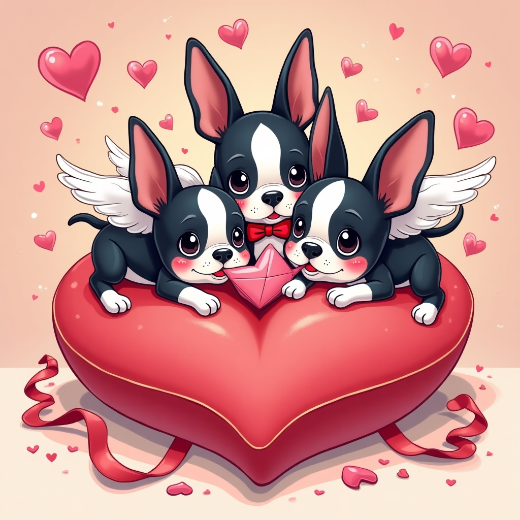 Playful cartoon illustration, cute mood, Valentine’s Day. Central focus: three Boston terrier puppies with exaggerated proportions (big heads, giant perky ears, wide sparkling eyes with heart-shaped highlights), tuxedo black-and-white coats and rosy cheeks. They tumble and cuddle atop an oversized plush heart-shaped cushion, surrounded by floating candy hearts, paw-print confetti, and curling red ribbons. One puppy wears tiny cupid wings, another sports a red bow tie and holds a pink valentine envelope in its mouth, the third is mid-bounce nibbling a ribbon; their oversized ears arc together to suggest a heart silhouette. Background: candy-pink to peach gradient with soft heart bokeh and twinkling stars; bright saturated palette (hot pinks, cherry reds, bubblegum pinks, sky blue accents). Style: thick black outlines, clean vector-like shapes, bold cel shading, glossy highlights, whimsical energetic poses. Composition: close-up, large characters centered, portrait orientation, minimal empty space. Small text caption at the bottom in playful bubble hand-lettering, white with hot-pink outline and subtle drop shadow: You’re ear-resistible, Valentine! No other text, no watermark.
Generated with these themes: Boston terrier puppies, and .
Made with ❤️ by AI.