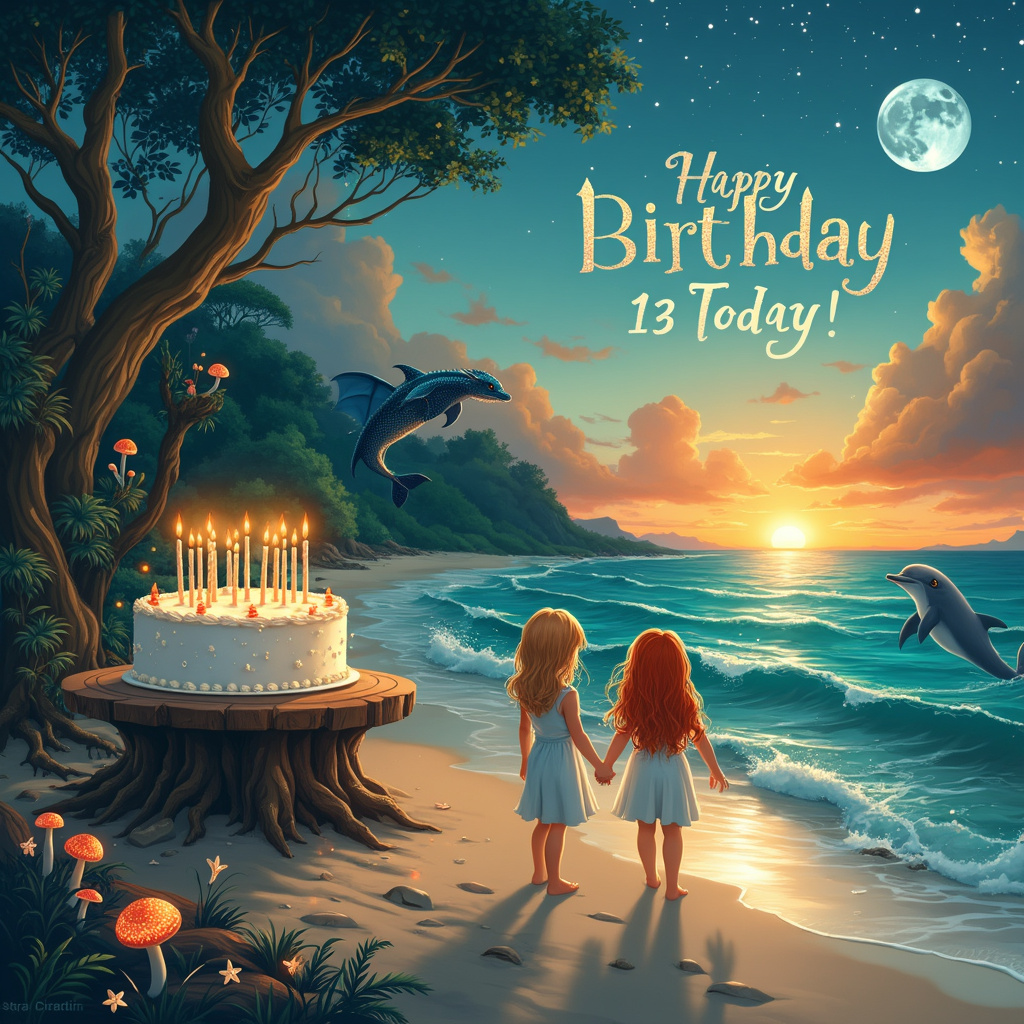 In this richly detailed scene, we begin with a picturesque beach at sunset, where the sky is painted in hues of deep orange, pink, and teal blue. The sun is just kissing the horizon, casting a golden path over the gentle waves of the sea. In the foreground, there is a pristine birthday cake placed delicately on a driftwood table. The cake has 13 candles, each flame twinkling as if enchanted. Inscribed in the icing is "Lizzie 13 Today."

To the left of the cake, a pair of sisters are standing barefoot on the sand, hand in hand. One has long, flowing blonde hair, while the other has vibrant ginger hair that catches the last rays of the sun. They are wearing beach dresses that flutter in the evening breeze. Beside them, a playful dolphin leaps joyfully from the sea, with water droplets sparkling like diamonds.

Further along the shore, a dragon emerges from the dense, mystical forest that lines the edge of the beach. The dragon’s scales shimmer in the fading light, reflecting teal and emerald hues. Its wings are partially extended, as if ready to take flight, and its eyes watch protectively over the scene.

Amongst the trees, glowing sparkly mushrooms create a path deeper into the forest where mythical creatures—such as fairies with gossamer wings and unicorns with flowing manes—can be seen peeking out from behind ancient trees and foliage.

Suspended in the sky, a large, silvery moon begins to rise, illuminating the scene with a soft glow. The stars twinkle like sequins against the twilight backdrop. Above the sea, fluffy clouds form the words "Lizzie 13 Today," written in a whimsical script that floats gently in the evening air. To add a touch of magic, a few starfish are scattered around the sand, their shapes creating natural, glittering patterns.

This card cover, rich with elements of fantasy and celebration, perfectly captures the wonder and joy of Lizzie's 13th birthday.
Generated with these themes: Beach, Sea, Sunset, Dolphin, Starfish, Birthday cake 13 candles, Dragon, Forest, Sparkly mushrooms, Mythical creatures, Moon, Teal blue, and Sisters - one with blonde hair one with ginger hair.
Made with ❤️ by AI.