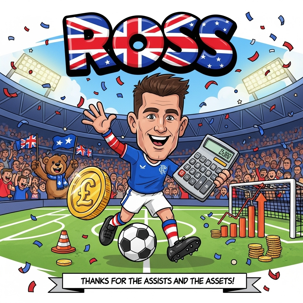 At the top of the Cartoon Style image, “Ross” in huge chunky bubble letters filled with bold red, white, and blue stripes, glossy shine, and thick black outline.

Playful, high-energy cartoon football scene in a vibrant stadium bursting with red, white, and blue confetti. Center stage: an exaggerated, big-headed, big-booted footballer in a Rangers FC–inspired kit (royal blue jersey with red and white trim, white shorts, striped socks), no official logos or crests. He’s mid-wave farewell with one hand, dribbling a football that gleams like a giant gold pound coin, and clutching a comically oversized calculator like a substitution board in the other. The pitch lines morph into cheeky spreadsheet grids; training cones are stacks of coins; the goal net subtly resembles an upward-trending bar chart. In the stands, a bouncy cartoon crowd in red-white-blue scarves and a friendly teddy-bear mascot with a blue scarf cheer wildly, waving generic star-pattern flags (no branding). Thick outlines, bright saturated colors, dynamic motion lines, and a sunny, celebratory stadium glow. At the bottom, a small ribbon banner reads: “Thanks for the assists and the assets!”
Generated with these themes: Rangers FC, Football, Red, White, Blue, Finance, and .
Made with ❤️ by AI.