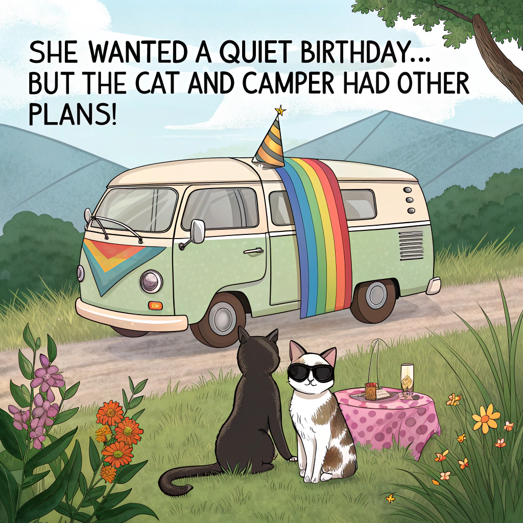Black cat, Camper van, and Lesbian partner Birthday Card