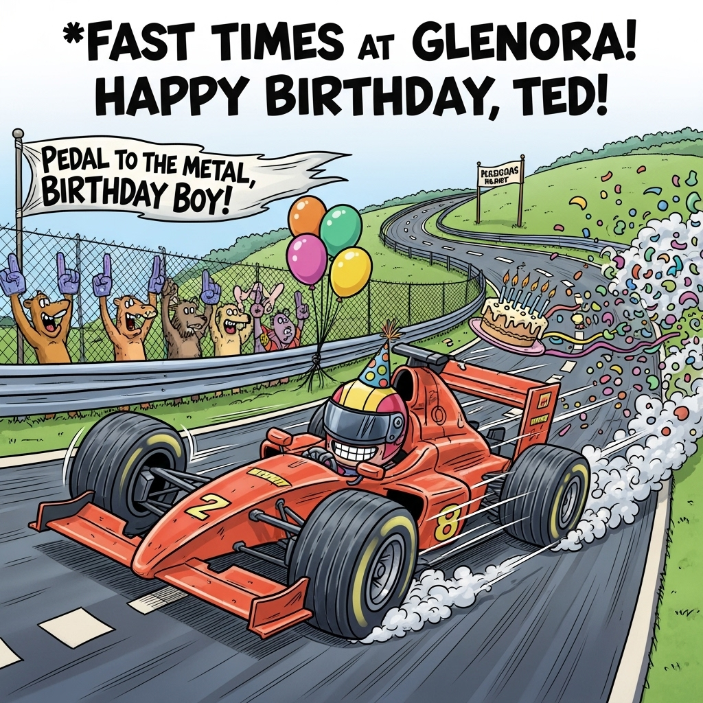 At the top of the Cartoon Style image, write in bold, bouncy letters: **Fast times at Glenora! Happy Birthday, Ted!**  

Create a funny, high-energy cartoon scene of a Formula 1 racing car zooming along a twisting racetrack. The car is wildly exaggerated with huge, smoking tires, oversized tailpipes blasting colorful puffs of confetti, and a big, grinning cartoon driver wearing an oversized helmet and birthday party hat. Balloons and streamers trail behind in the slipstream, with a birthday cake precariously balanced on the rear wing, candles still lit despite the speed. The racetrack is lined with cheering cartoon animals waving banners and foam fingers, one banner reading “Pedal to the Metal, Birthday Boy!” in a silly, playful font. The colors are bright, saturated, and full of motion lines to give a sense of frantic, hilarious speed, with thick black outlines and exaggerated proportions. The whole scene should feel chaotic, joyful, and utterly over-the-top in a celebratory way.
Generated with these themes: Formula 1 racing car, and .
Made with ❤️ by AI.