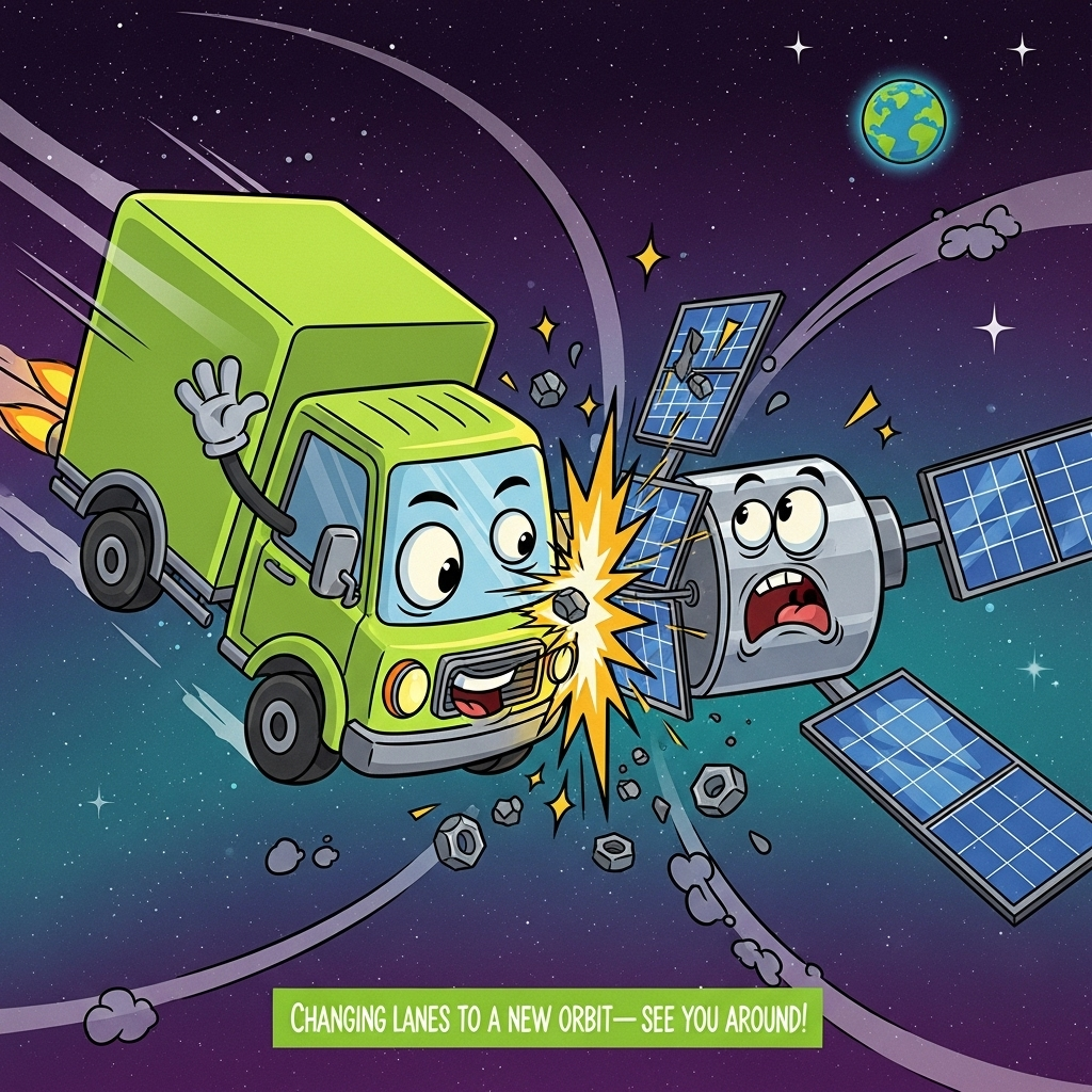 Satellite being hit by green lorry, and Farewell Card