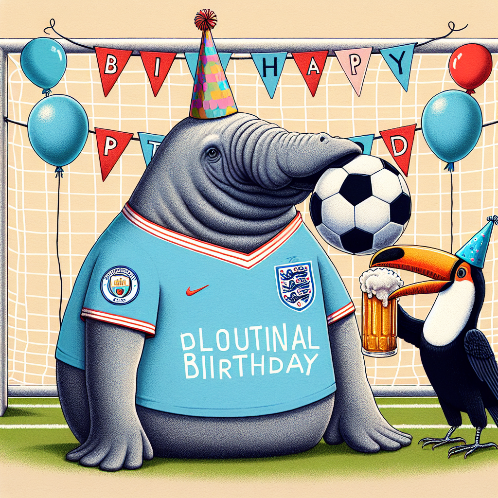A playful image of a birthday party. The central figure is a manatee draped in the jersey of a popular British soccer team, deftly balancing a football on its nose. By its side, a toucan wearing a festive birthday hat holds a pint of a traditional Irish beer in its beak. Completing this cheerful setting is a goalpost in the background, decorated with balloons and a banner expressing birthday greetings.
Generated with these themes: Soccer, Manatee,  Chelsea football club, Toucan, Guinness , and Birthday.
Made with ❤️ by AI.