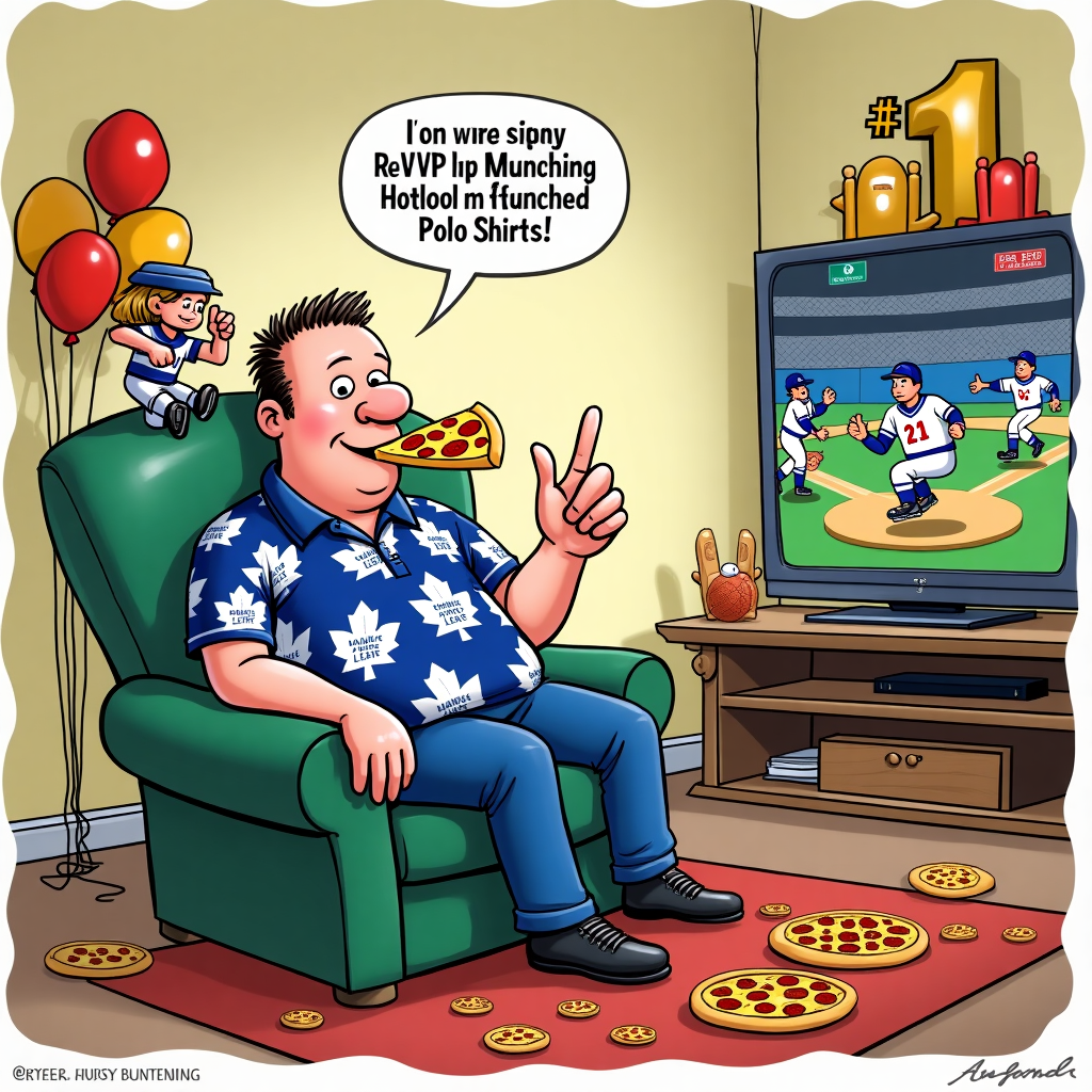 At the top of the cartoon image, "Happy Birthday Dad — You're the MVP of Munching, Maple Leafs & Mismatched Polo Shirts!"

A cartoon scene unfolds in a living room decked out like a sports fan's paradise. Dad is lounging in a recliner wearing a wildly patterned, slightly-too-small polo shirt decorated with tiny pizzas, a slice of pepperoni hanging comically from his mouth. On one shoulder is a mini Toronto Maple Leafs hockey player giving a thumbs up. On the other, a tiny Toronto Raptors mascot is trying to swat the slice of pizza away like a basketball. On the TV, a Toronto Blue Jays game is playing, but instead of players, giant walking pizzas are rounding the bases in uniforms. Surrounding Dad are balloons shaped like pizzas and foam fingers that say “#1 DAD.” The whole room radiates sporty chaos and cheesy goodness—literally and figuratively.
Generated with these themes: Pizza, Polo Shirt, Toronto Blue Jays, Toronto Raptors, and Toronto Maple Leafs.
Made with ❤️ by AI.