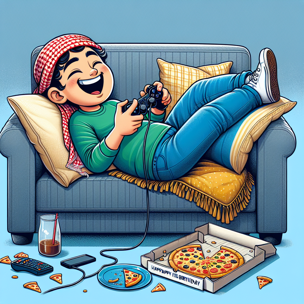 In a humorous cartoon style, depict a 13-year-old Middle Eastern boy joyfully celebrating his birthday. He is comfortably sprawled on a sofa, holding a video game controller and engrossed in playing games on his smartphone. Around him are empty pizza boxes and a few leftover slices on a plate, painting an image of his ideal birthday celebration. His reclining position on the sofa and the gaming theme should be the main focus of the design, embodying the quintessential happiness of a teenager.
Generated with these themes: 13, Teenage, On the sofa, Phone games, Pizza, Boy, and Lazing.
Made with ❤️ by AI.