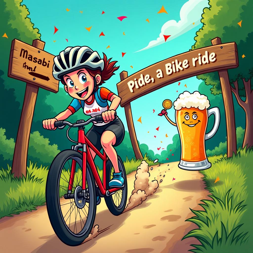 At the top of the Cartoon Style image, "Have a nice ride!"

Playful, funny cartoon scene with thick black outlines and bright saturated colors. A joyful lady cyclist with an oversized grin, big helmet and wind-whipped ponytail zooms downhill on a curvy forest bike path. A rustic wooden signpost on the trail clearly reads “Masabi Trail” with an arrow. Ahead on the path, a colorful finish-line arch/banner says “ALS Bike Tour,” with confetti and streamers bursting around it. Exaggerated motion lines, dust puffs, and a dynamic low-angle perspective amplify speed and excitement. To the side of the finish line, include a frosty pint of beer with a friendly cartoon face and tiny arms, waving a little checkered flag and wearing a shiny medal—sparkly highlights on the glass, foamy head overflowing playfully. The bike is a bright candy-red, the sky vivid teal with sunbeams, and the trees pop in lush greens. The rider’s jersey can have a small heart badge with “ALS” for context. Place one small cheeky caption near the bottom: “Pedal, pledge, pint!” Keep the vibe celebratory, energetic, and humorous.
Generated with these themes: .
Made with ❤️ by AI.