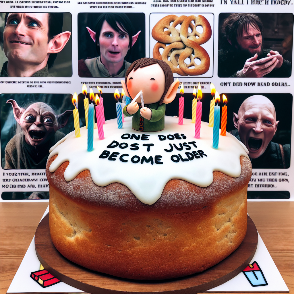 A whimsical birthday-themed artwork intermixing well-known online jokes with iconic elements from a popular fantasy series. The focal point is a small, humanoid character from that universe, blowing out candles on an oversized loaf of elven bread acting as a birthday cake. The tantalizingly humorous phrase 'One does not just become older' is inscribed in the icing. Surrounding the diminutive character is an array of hilarious content, adding an extra touch of comedy to the scene.
Generated with these themes: Memes, and Lord of The Rings.
Made with ❤️ by AI.