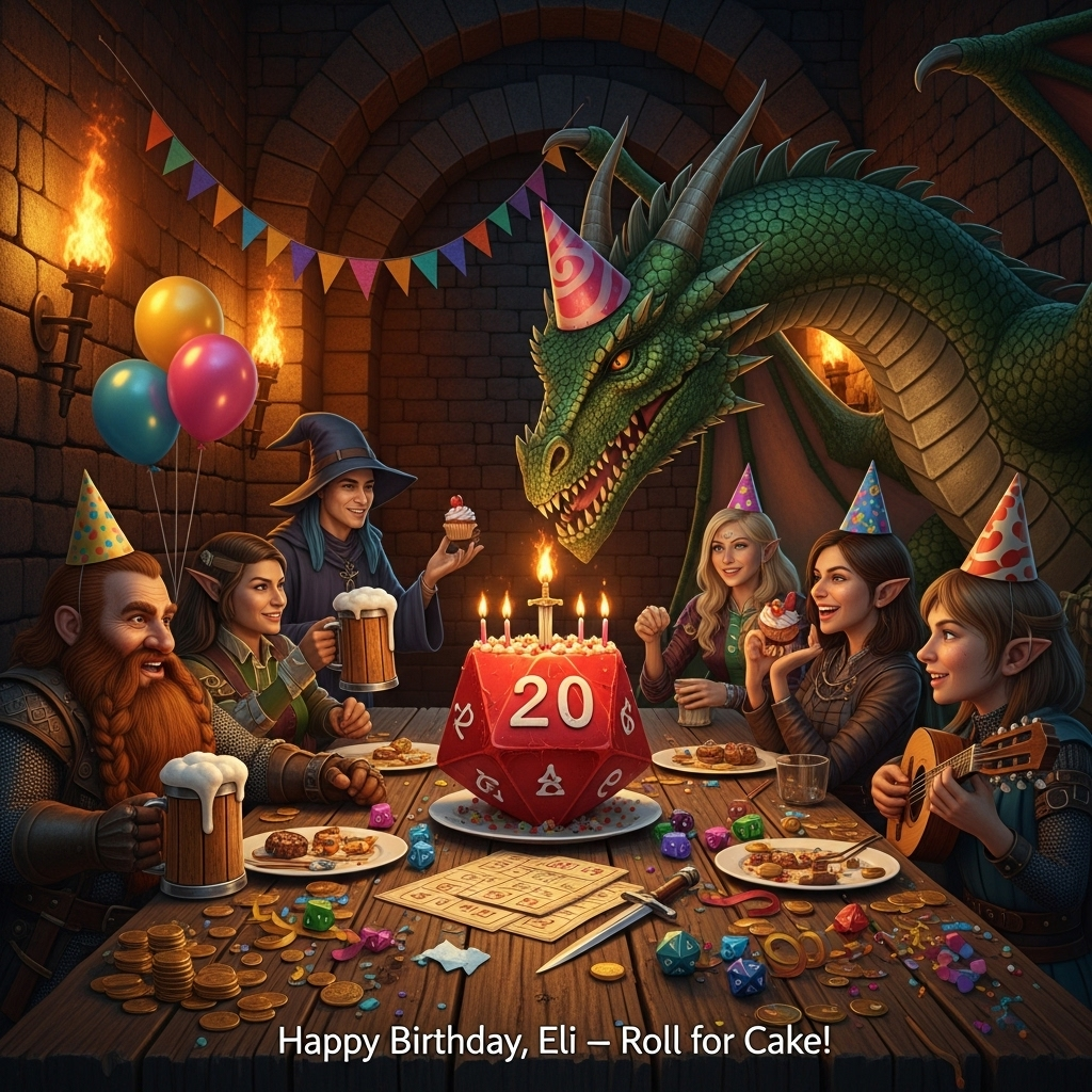 At the bottom of the Photorealistic picture taken from a camera image, “Happy Birthday, Eli — Roll for Cake!”

Ultra-high-definition 4K UHD, photorealistic, full-bleed portrait composition with rich depth of field and accurate, cinematic lighting. A real-life looking fantasy dungeon turned into a surprise birthday scene: rough stone walls, iron sconces with flickering torchlight casting warm orange glow and soft shadows, dust motes in volumetric light beams. In the foreground on a scarred wooden table sits a large d20-shaped birthday cake with glossy red fondant showing the “20” face, buttercream seams, and tiny sword-shaped candles being delicately lit by a majestic emerald dragon leaning in from the background, wearing a slightly tilted paper party hat. The dragon’s tiny, precise puff of flame acts like a lighter—funny and gentle—rim-lighting the cake and giving the scene a playful sparkle.

Around the table, a ragtag party of realistic adventurers mid-celebration: a grinning dwarf in fur and chainmail raising a foamy tankard; an elf rogue sneaking a balloon behind the dwarf’s back; a human wizard in worn robes using a spectral hand to hover a cupcake; a halfling bard perched on a stool with a lute, cheeks puffed to blow a party horn. Mismatched cone hats on everyone. The table is scattered with gold coins, polyhedral dice, a dagger set like a cake knife, wooden plates, and colorful confetti and streamers draped over ancient stone—humorous contrast of party decor and dungeon grit.

Camera and look: shot on a full-frame DSLR, 35mm lens at f/1.8, shallow depth of field focused sharply on the cake and dragon’s muzzle; creamy bokeh on the background adventurers; high dynamic range preserves torch highlights and stone texture. Lifelike materials: crisp wood grain, porous stone, fine leather stitching, realistic metal gleam on tankards, detailed dragon scales with subtle iridescence, believable icing sheen and candle flames. Warm, celebratory color grade with jewel-toned accents. Funny, joyful mood. Include only the single caption specified; no other text, logos, or modern objects.
Generated with these themes: Dungeons and dragons, and .
Made with ❤️ by AI.