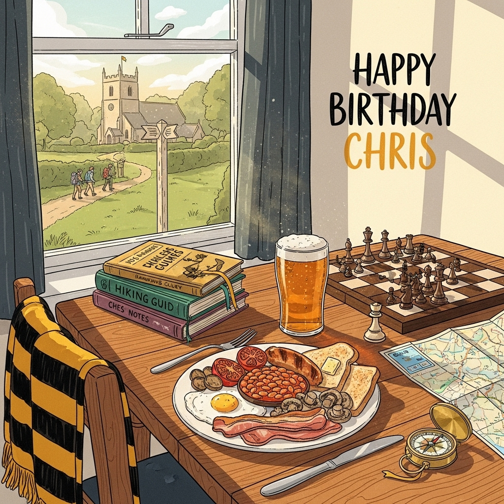 Wolverhampton Wanderers black and old gold, Rambling club, Beer, Fried breakfast on a plate, Books, Church, Chess, and Birthday Card