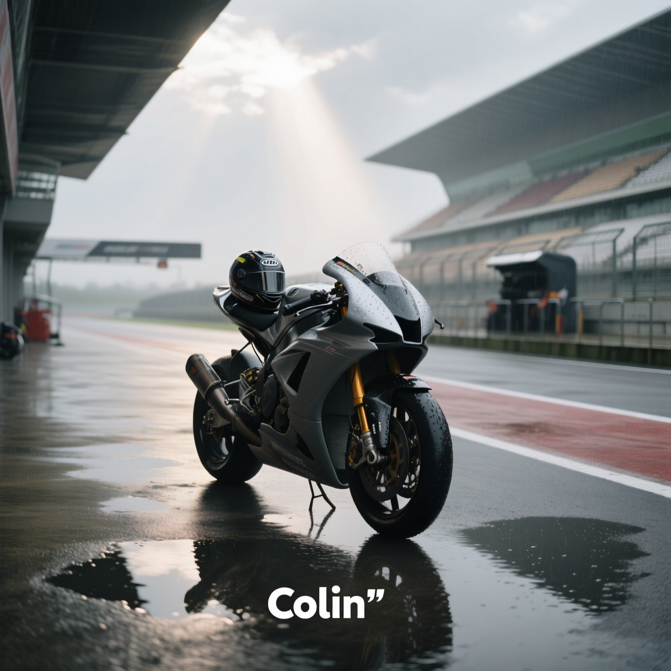 At the bottom of the Photorealistic picture taken from a camera image, the text reads: **Colin**  

A serene, overcast late afternoon at an empty MotoGP racetrack, the tarmac still faintly glistening from a recent light rain. A single, sleek racing motorbike rests quietly in the pit lane, its kickstand down, helmet placed gently on the seat — the rider nowhere in sight. The grandstands in the background are blurred, soft focus lending a sense of stillness and solitude. Puddles reflect the muted grey sky, and a delicate beam of sunlight breaks through the clouds, illuminating the bike in a gentle, reverent glow. The image is captured in ultra-high-definition 4K with lifelike textures — the subtle wear on the tyres, the faint raindrops on the fairing, and the fine detail in the asphalt — creating a heartfelt, sincere mood perfect for a sympathy tribute.
Generated with these themes: Motogp, motorbike , and .
Made with ❤️ by AI.