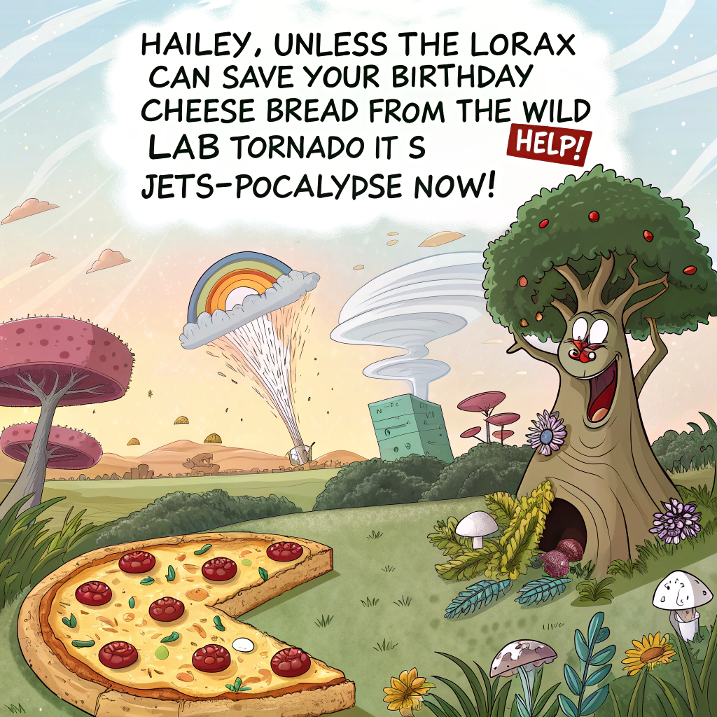 The Lorax themed, Jets Pizza Cheese Bread, Brownies, Coca-Cola, Crazy black lab dog running around, and White and gray cat with long whiskers Birthday Card
