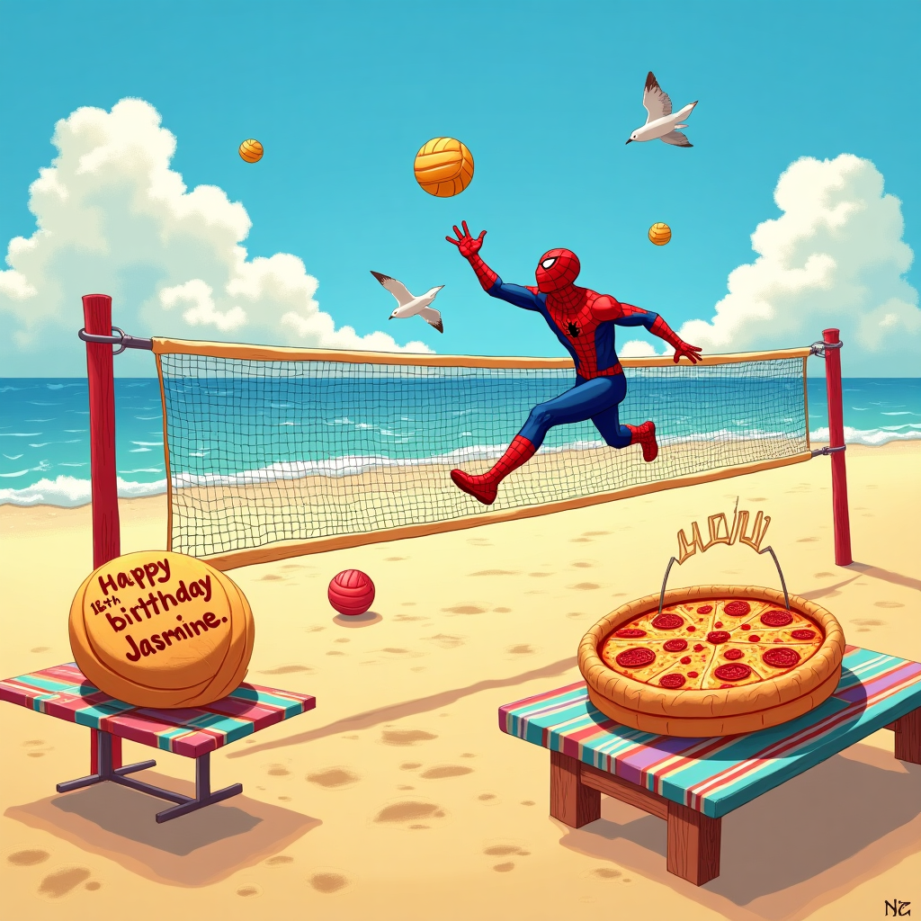 In this imaginative birthday card illustration, the scene is set at a vibrant beach volleyball court. The sand is golden, glistening under a bright azure sky dotted with fluffy, playful clouds shaped like volleyballs. In the center, a dynamic volleyball match is in full swing, but with a whimsical twist: Spiderman, clad in his iconic red and blue suit, is enthusiastically joining the game, leaping acrobatically to spike the ball. His webbing artistically catches the ball mid-air, much to the delight of the onlookers. The opposing team consists of anthropomorphic pizzas, each slice wearing a tiny headband, displaying their 'cheesy' determination to win.

On the sidelines, a large 18th birthday cake shaped like a volleyball is perched on a colorful picnic table. The cake is adorned with bright icing and topped with a Spiderman figurine as a cake topper. Next to the cake, a pizza box lid has been creatively transformed into a "Happy 18th Birthday, Jasmine!" banner. The box, in a delightful play on textures, appears to be spinning as a makeshift volleyball, with "Jasmine" written in bold, playful letters formed by pepperoni slices, celebrating the birthday girl with a unique flair.

The background captures a lively beach setting with a shimmering ocean, where some seagulls are playfully styled as mini Spidermen, zipping around. A single, striking detail is a volleyball net made entirely of intertwined Spiderman webs, swaying gently in the ocean breeze, further anchoring the whimsical and dynamic atmosphere of the illustration.
Generated with these themes: 18th Birthday, Volleyball, Pizza, and Spiderman.
Made with ❤️ by AI.