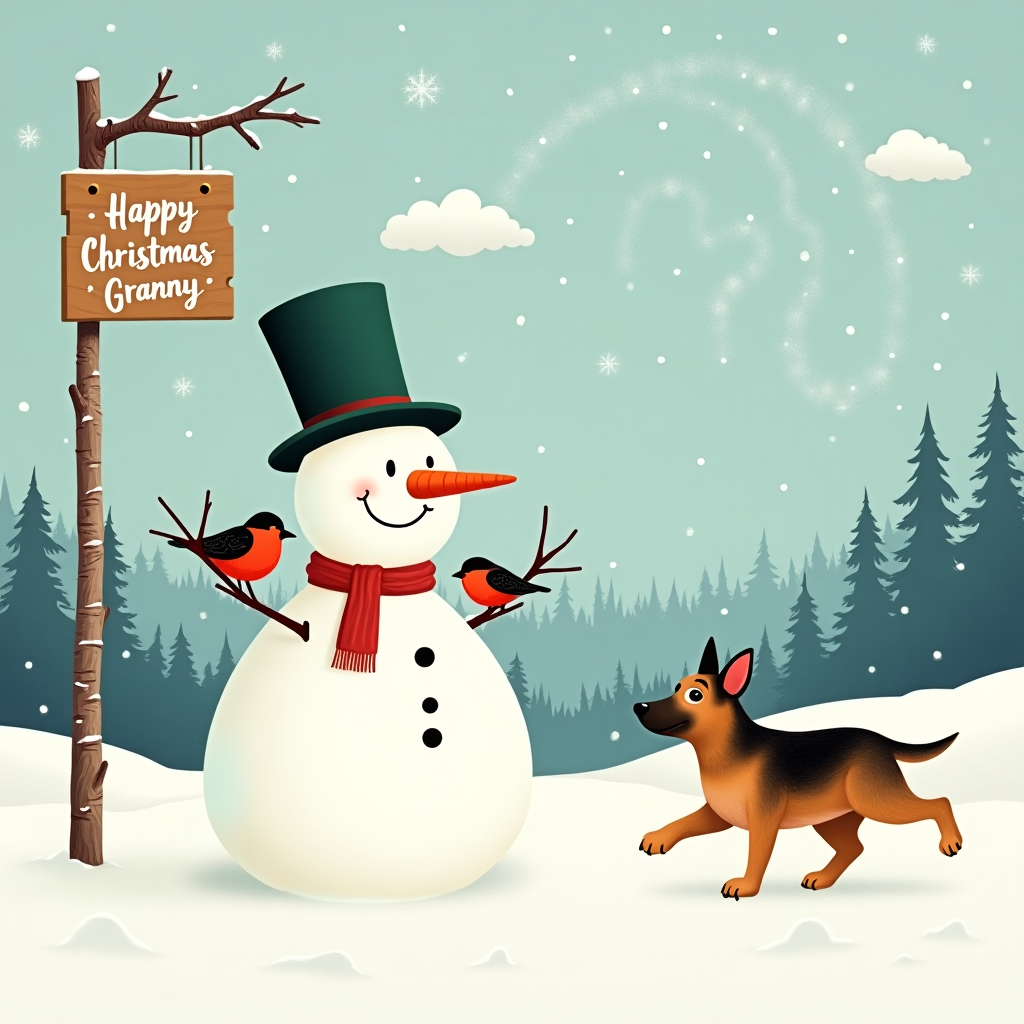 Robins, snow, german shepherd puppy, snowman with a hat, sparkle Christmas Card