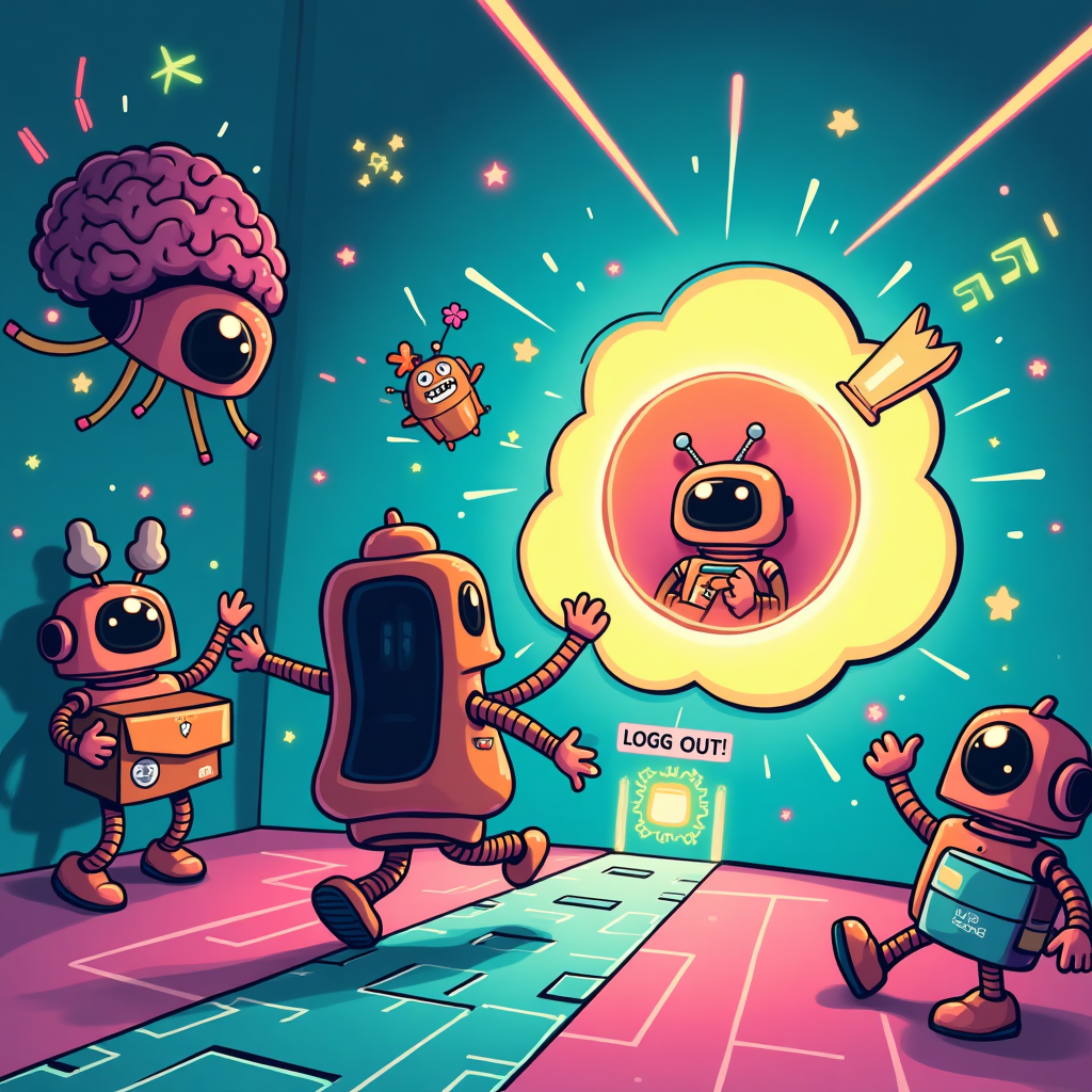 Playful cartoon style with thick black outlines, bright saturated colors, and whimsical, energetic poses. Scene: In a fun, futuristic AI lab, a cheerful human with an oversized head and noodly limbs takes a springy step toward a glowing, cloud-shaped portal with a logout arrow, carrying a cardboard box with a tiny robot plush and a pixel-style potted plant poking out. Friendly, cute robots with big expressive eyes wave and toss confetti shaped like gears and stars; a floating hologram brain and a glowing neural-network doodle hover in the background. The floor is a stylized circuit-board path; dynamic motion lines and sparkles add bounce. Bold cel shading, clean vector look, high contrast, soft neon glows (teal, magenta, lemon yellow). Portrait, full-frame composition with generous negative space around the characters. Include one short, cheeky caption on the image: “Good Byte!” — small, playful bubble letters with a chunky black outline and slight shadow, centered at the bottom. No other text or numbers, no logos or watermarks.
Generated with these themes: Ai, and .
Made with ❤️ by AI.