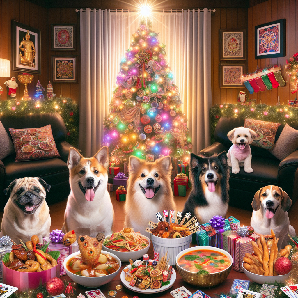 Photo concept of a cozy home scene where dogs are opening presents filled with Thai food treats under a Casino-themed, brightly lit Christmas tree.
Generated with these interests: Dogs, Thai Food, and Casino.
Made with ❤️ by AI.
