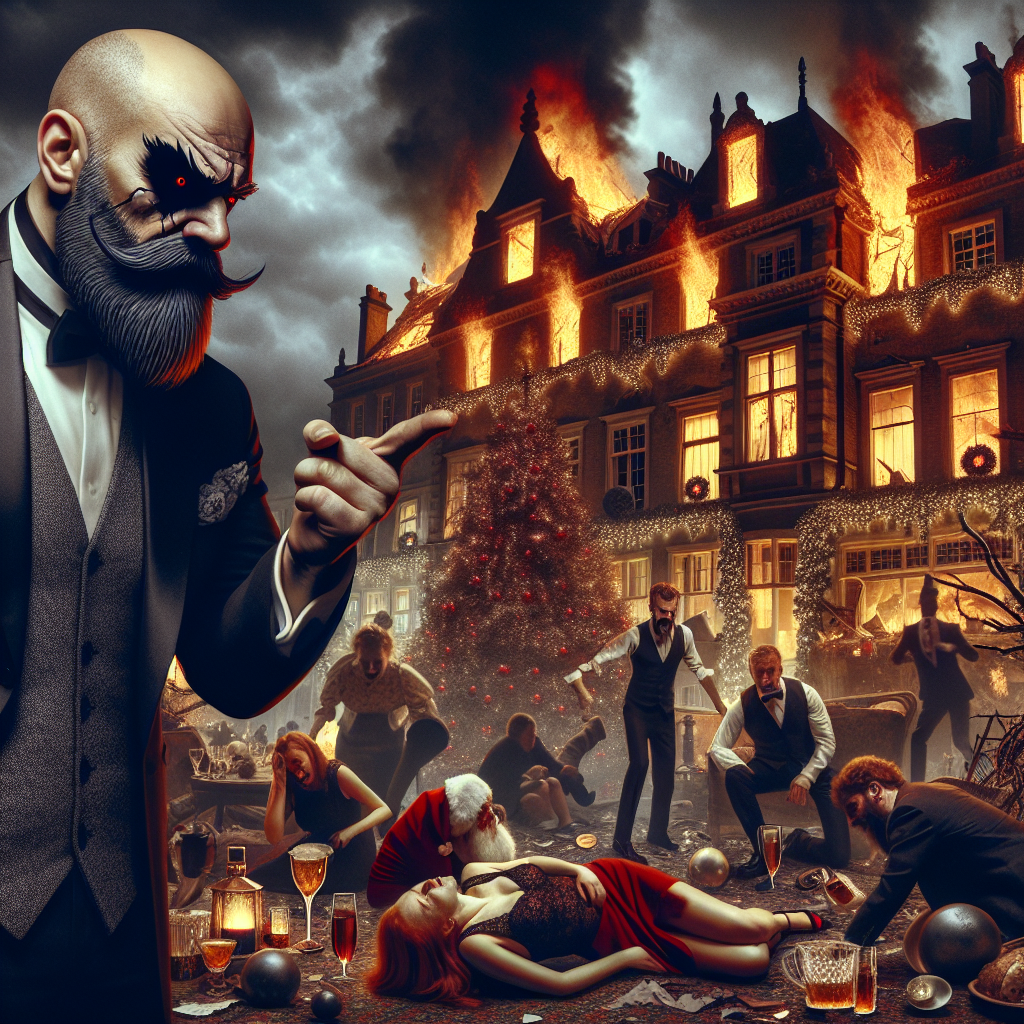 Furious and elegantly dressed bald man with a short black beardstache, menacingly pointing finger to the reader , Luxourious 5 star hotel in ruins on the back, fires and chaos on the background, Drunk rich people lifeless on the floor, Burned christmas three and spoiled xmas ornaments, Criying red haired middleage lady knees down on the side, Servants escaping the situation in panic, and Crucified santa claus Christmas Card