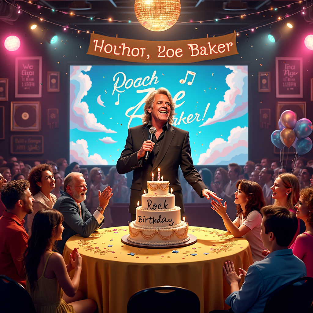 The front cover of the birthday greeting card is set in a bustling, exaggerated karaoke bar scene, where a larger-than-life Michael Bolton is on stage belting out his classic hits. The stage is adorned with retro 90s décor, complete with neon lights and a shiny disco ball that reflects multicolored beams of light. Michael Bolton is depicted with his iconic flowing hair, passionately singing into a vintage microphone. 

In the audience, a diverse and lively crowd is clapping and cheering. At the front row, there's a table covered with birthday decorations: a bright yellow tablecloth with confetti and streamers in vibrant colors. On the table, there's a large birthday cake with intricate icing that spells out "Happy Birthday Zoe Baker!" in elegant, swirling letters. The cake is multi-tiered, each tier decorated with small musical notes and miniature replicas of musical instruments, nodding to the musical theme.

Above the stage, there's a large banner stretching across the ceiling that reads, "Rock On, Zoe Baker!" in bold, glittery letters, making sure her name stands out. Behind Michael Bolton, a giant LED screen displays an animated, looping backdrop of a cloudy sky where the clouds occasionally form the words "Zoe Baker" in playful, fluffy lettering before morphing back into their cloud-like shapes.

In the background, the walls of the karaoke bar are lined with gold records and framed posters of Michael Bolton, adding a touch of authenticity to the setting. Balloons in the shapes of musical notes float around the scene, adding to the celebratory atmosphere. 

Every element of the scene, from the enthusiastic crowd to the detailed cake and the sky-writing clouds, is designed to ensure that Zoe Baker's special day is as unique and unforgettable as a Michael Bolton performance.
Generated with these themes: Michael bolton.
Made with ❤️ by AI.