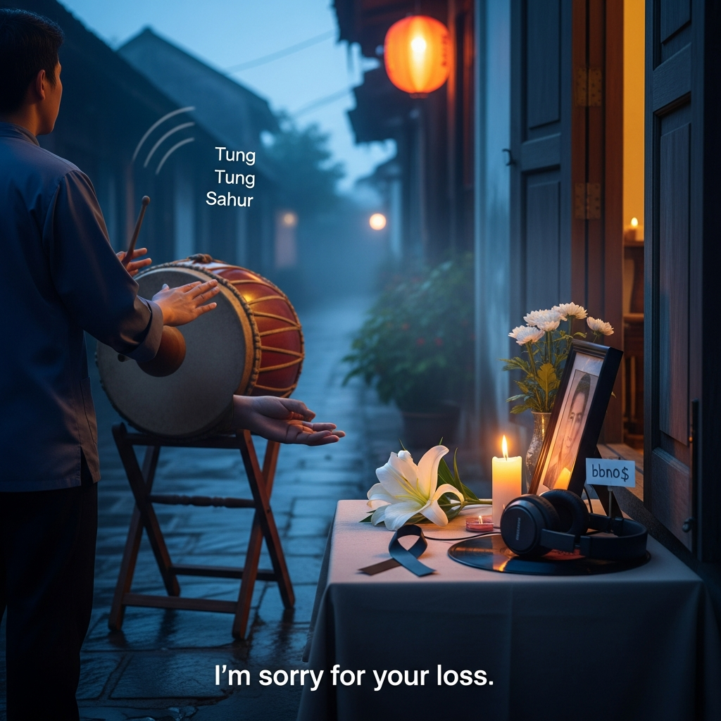 At the bottom of the Photorealistic picture taken from a camera image, I'm sorry for your loss

Ultra-high-definition 4K UHD photograph, vertical portrait orientation, blue-hour pre-dawn in a quiet Southeast Asian alley after a light rain; stone pavement softly reflecting ambient sky glow. Midground: a respectful figure seen from behind, modestly dressed, gently tapping a traditional wooden bedug drum on a simple stand—three subtle motion-blur arcs in the air suggest “Tung Tung Tung Sahur.” Their free hand is held in a calm, open-palmed “Khaby Lame mechanism” gesture, understatedly guiding the eye toward a small memorial vignette by a softly lit doorway. Foreground focus: a low table with a single white lily, a framed black ribbon, and one candle flickering; beside them, a pair of over-ear headphones resting on a vinyl sleeve with a small, unobtrusive handwritten label reading “bbno$” (tasteful, softly out of focus). Lighting: cool, serene ambient blue balanced by warm candlelight and a faint tungsten porch bulb; thin mist catching light for depth. Palette: muted slate blue, warm amber, soft ivory, dark wood grain; no harsh colors. Mood: sincere, quiet condolence; contemplative stillness. Composition: rule of thirds, memorial objects in crisp focus; figure and lantern bokeh softly blurred behind for rich depth of field. Camera: Canon EOS R5, 50mm prime at f/1.8, ISO 400, 1/60s; realistic lifelike textures—bedug wood grain, dew on petals, wax sheen—high dynamic range, natural filmic color grade. No faces visible, no logos or watermarks, minimal text beyond the caption and the small “bbno$” label.
Generated with these themes: Khaby Lame Mechanism, Tung Tung Tung Sahur, bbno$, and .
Made with ❤️ by AI.