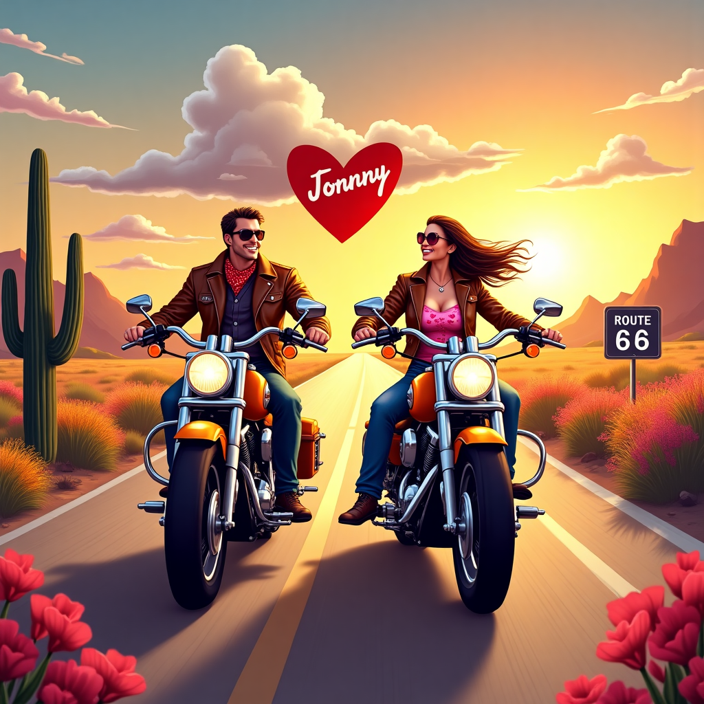 **Front Cover Concept for a Valentine's Day Greeting Card:**

---

**Scene Description:**

A vivid and lively Valentine's Day scene unfolds on a long, open highway. The sun casts a warm, golden hue over the horizon, creating a picturesque backdrop. Flanking the road, wildflowers burst in vibrant colors—reds, yellows, and purples—adding splashes of color to the scene.

In the foreground, a couple rides two gleaming Harley-Davidson motorcycles, their chrome details reflecting the sunlight. The motorcycles are decked out in classic Harley orange and black, with intricate flame patterns running along the sides. The tires kick up small puffs of dust as they race forward, adding to the sense of motion.

**Motorcycle Riders:**
- The male rider, wearing a leather jacket adorned with patches and dark denim jeans, grips the handlebars confidently. A classic bandana and aviator sunglasses complete his biker look.
- The female rider, on the adjacent Harley, exudes a carefree spirit. She wears a similar leather jacket but has it unzipped, revealing a Valentine's Day themed tank top with tiny heart patterns and, in a cheeky and humorous touch, her exaggerated, lifelike, and detailed cleavage comically emphasized. A pair of stylish sunglasses rests on her nose, with her long hair streaming freely behind her.

**Background Elements:**
- To the left of the scene, a tall, majestic saguaro cactus stands proudly, its arms raised to the sky.
- Further back, rugged mountain silhouettes blend into the horizon, painted in soft shades of orange and purple.
- A classic road sign by the highway reads "LOVE ROUTE 66," with hearts decorating its edges.

**Text Element:**
- Above the riders, a fluffy white cloud has formed the word "Johnny" naturally, as if whimsically shaped by the wind. The letters are playful and slightly wavy, integrating seamlessly with the sky.

**Color Palette:**
- Warm hues dominate, with rich golds, soft oranges, and deep purples in the sky.
- The road is a muted asphalt gray, contrasting with the vibrant colors of the motorcycles and wildflowers.

This composition will provide an amusing, eye-catching visual treat on the front of the greeting card, blending romance and humor with lifelike detail and creativity.
Generated with these themes: Couple riding harleys girls titties out, and .
Made with ❤️ by AI.