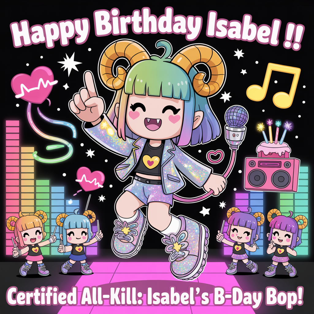 At the top of the Cartoon Style image, "Happy Birthday Isabel !!"

At the bottom of the Cartoon Style image, "Certified All-Kill: Isabel’s B-Day Bop!"

- Center scene: a chibi K‑pop demon idol mid-jump, throwing a finger-heart, with a big happy grin and tiny cute fangs.
- Candy-colored ram horns with star stickers, heart-tipped tail curling into a music‑note shape around a sparkly wireless mic.
- Pastel gradient hair (lavender → aqua), oversized holographic jacket, glitter shorts, and chunky platform sneakers with winged charms.
- Stage vibe: neon LED backdrop showing bouncing heart-shaped equalizer bars; confetti storms, floating music-note balloons, and twinkly star sparkles.
- Props: a pink boombox-shaped birthday cake on a speaker, topped with K‑pop lightstick candles.
- Backup cuties: mini imp dancers in matching idol outfits, holding glow sticks and striking energetic poses.
- Style notes: playful cartoon look with exaggerated proportions, thick black outlines, bright saturated colors, and whimsical, kinetic motion lines.
- Lighting: glossy highlights and neon rim light in hot pink, electric cyan, lemon yellow, and lilac.
- Typography styling:
  - Top headline: huge bubbly K‑pop logo lettering, pink→purple gradient with thick white outline and a soft glow.
  - Bottom punch line: bold, compact lettering in electric teal with a black outline; centered.
- Composition: clear negative space behind top and bottom text for readability; dynamic low-angle hero shot to amp the energy.
Generated with these themes: K pop demon, and .
Made with ❤️ by AI.