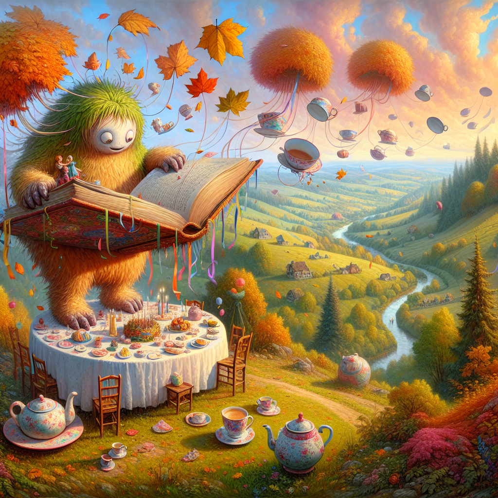 A playful scene unwraps with a small human-like creature, identified by their roundish physique and hairy feet, situated at an extravagantly adorned birthday table, stationed upon a lush hill amid the countryside. The creature is engrossed in an immense, magical book from which secrets seep out into the air resembling autumn leaves. Above, the sky twists in a riot of colors, while oversized teacups buoyantly drift across the expanse. The enveloping landscape, a picturesque representation of idyllic rural life, emanates a warm radiance, implying a snug late-afternoon tea time rendezvous.
Generated with these themes: Hobbit, Birthday, Books, Tea , Countryside, and Cosy.
Made with ❤️ by AI.