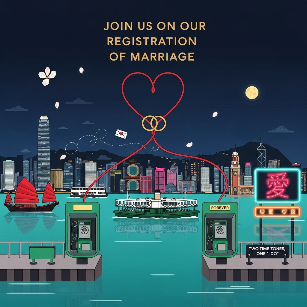 Long distance relationship , Hong Kong Retro, Love , Commitment , and Wedding Card