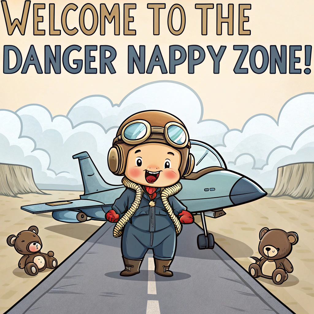 At the top of the image, "Welcome to the Danger Nappy Zone!"

- In the center of the image, illustrate a cartoon baby wearing aviator sunglasses and a tiny flight jumpsuit, confidently sitting in a toy fighter jet styled like the ones from *Top Gun*.

- The baby is zooming down a diaper-changing station runway, leaving a trail of powder and baby wipes behind, with teddy bears and pacifiers flying through the air.

- A flustered cartoon parent, also wearing aviators, stands nearby holding a burp cloth like it’s flight gear, looking nervous and sweating like they’re about to launch.

- In the background, a sign reads “Top Mum Academy – Elite Nappy Squadron”.

- At the bottom of the image, add: “Permission to engage... with 3am feedings granted.”
Generated with these themes: Something from the movie top gun.
Made with ❤️ by AI.