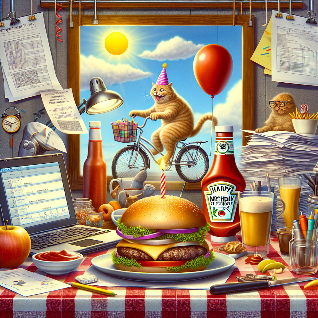 Depict a lively birthday scene where a cat is whimsically riding a bicycle, complete with a helmet. Display a table covered with a checkered tablecloth hosting an assortment of objects, such as a large bottle of ketchup alongside stacks of paperwork, representing an unusual and amusing blend of office work and festivities. In the middle of this setting, portray a finely cooked burger that captures the essence of the relaxed and unconventional ambiance. Above everything, show a digital screen showcasing a sunny weather forecast, which augments the convivial atmosphere of this peculiar yet believable birthday situation.
Generated with these themes: Cat riding a bike wearing a helmet, Ketchup, Birthday party, Cycling, Spreadsheets, Burger, and Weather forecast.
Made with ❤️ by AI.
