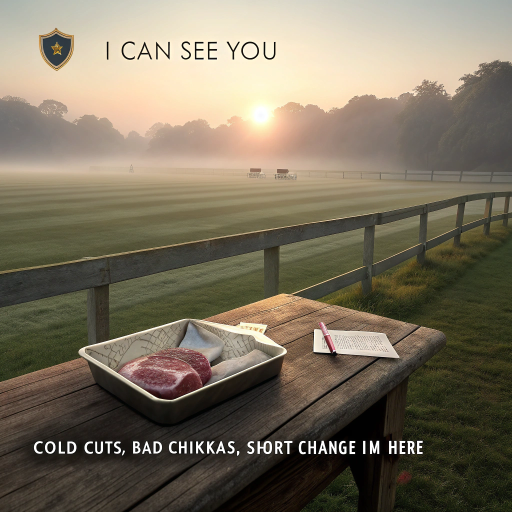 At the top of the Photorealistic picture taken from a camera image, "i can see you."

At the bottom of the image, "Cold cuts, bad chukkas, short change—I'm here."

Ultra-high-definition 4K UHD, lifelike photorealistic camera capture with accurate natural dawn light and a rich sense of depth. Scene: a misty, early-morning polo field. Foreground focus on a weathered wooden sideline table: a chilled metal tray with crushed ice and a neatly folded butcher-paper parcel slightly parted to reveal a hint of marbled cold raw beef (subtle, non-graphic); beside it, a small vintage porcelain bowl of wrinkled prunes with a faint white mold bloom; a single pale blush rose laid across the parcel and a soft dove-gray scarf draped over the table edge for a romantic, sympathetic tone. To the right, a tipped mason jar with a child’s crayon label “LEMONADE 25¢,” mostly empty, a few coins spilled, and a small hand-drawn cardboard sign fluttering on the nearby fence—implying the money was taken. Midground: a white rail fence with a polo mallet leaning and a navy helmet perched; a chalkboard reads “Chukka 4” with a tiny chalk heart in the corner. Background: dew-sparkled grass and two polo ponies cantering in soft motion blur through low morning mist, sunrays filtering through trees. Color palette: cool blues, soft grays, and blush accents; gentle bokeh; 50mm prime look, shallow depth-of-field with crisp textures on the still life and dreamy background separation. Text styling: top line in delicate ivory handwritten script, lightly translucent; bottom line in warm gray elegant serif, small and understated.
Generated with these themes: Cold raw meet and moldy prunes , Playing polo , Stealing money from kids , and .
Made with ❤️ by AI.