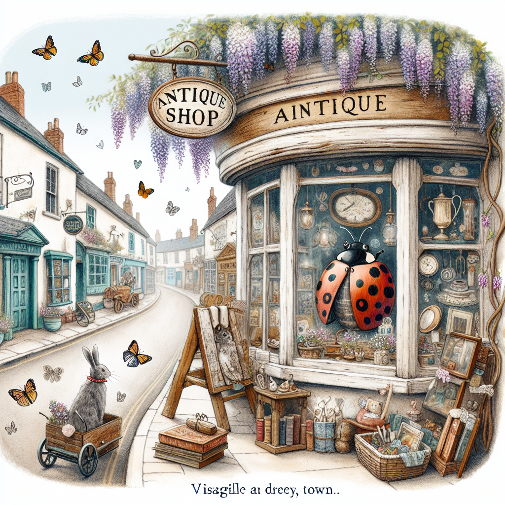 Antique shop, Town, Street, Wisteria, Rabbit, Ladybird, Butterflies , and Hearts Mothers-day Card