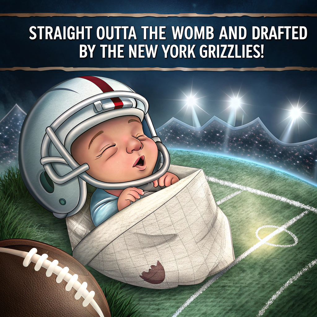 At the top of the image, "Straight outta the womb and drafted by the New York Grizzlies!"

- In the center of the image, depict a realistic photograph-style newborn baby with an exaggeratedly wrinkly, squishy face (adorably ugly) wearing a full-sized American football helmet that keeps slipping down over its tiny eyes.
- The baby is lying on a turf football field at night under stadium lights, wrapped in a blanket that has a printed map of New York City streets on it.
- Around the baby are oversized foam fingers, half-deflated footballs, and a spilled coffee cup labeled “Decaf for Mom, please.”
- One tiny baby hand is raised in the air as if signaling a touchdown.
- At the bottom of the image, add: "Small but mighty—already making fumbles adorable!"
Generated with these themes: Ugly, Football, and New yyork.
Made with ❤️ by AI.