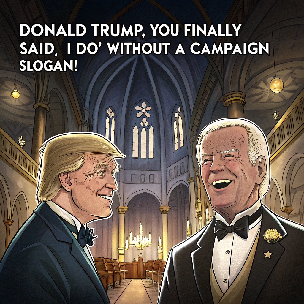 Donald Trump and Joe Biden laughing, Tralalalala tralala shark, and A crowd of people with touch makeup Wedding Card
