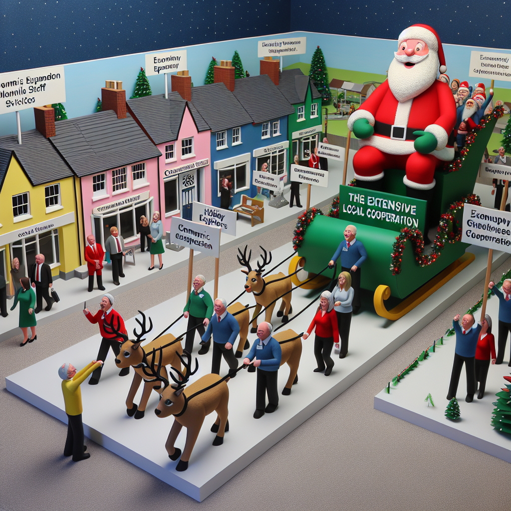 An animated Christmas parade winds through a cartoon town, with the five staff members on a float shaped like a sleigh, showcasing models of local businesses and landmarks. Banners with 'Economic Growth', 'Tourism', and 'Business Services' are being paraded by comical reindeer, while the scene is overseen by a large, smiling Santa Claus holding a sign that reads 'Happy Holidays from the Greater Freeport Partnership', symbolizing community togetherness.
Generated with these themes: Community Development.
Made with ❤️ by AI.