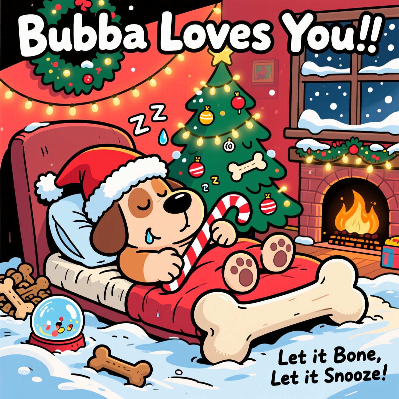 At the top of the Cartoon Style image, Bubba Loves You !!

A funny, festive Christmas cartoon scene with thick black outlines, bright saturated colors, and exaggerated proportions. Center stage: Bubba, a chunky, lovable cartoon dog with a giant squishy nose and oversized paws, wearing an oversized Santa hat that flops over one eye. He’s fast asleep on a giant bone-shaped plush bed, mid-nap, hugging a candy-cane-striped bone like a teddy. A cozy living room sparkles behind him: a twinkling Christmas tree decorated with bone-shaped ornaments and glowing fairy lights, a warm fireplace with gentle embers, and a window showing fluffy snowfall. Piles of chew bones form a playful “snowdrift” around his bed. Comedic nap details: tiny bone-shaped “Zzz” drifting up, a drool bubble shaped like a snow globe glinting with tinsel sparkles. Color palette: candy reds, holly greens, warm golden lights, and frosty blues. Whimsical, energetic lines and a bouncy, playful composition, with the large image dominant and minimal text. At the bottom right, add a small cheeky caption in fun hand-lettering: Let it Bone, Let it Snooze!
Generated with these themes: Bones naps, and .
Made with ❤️ by AI.