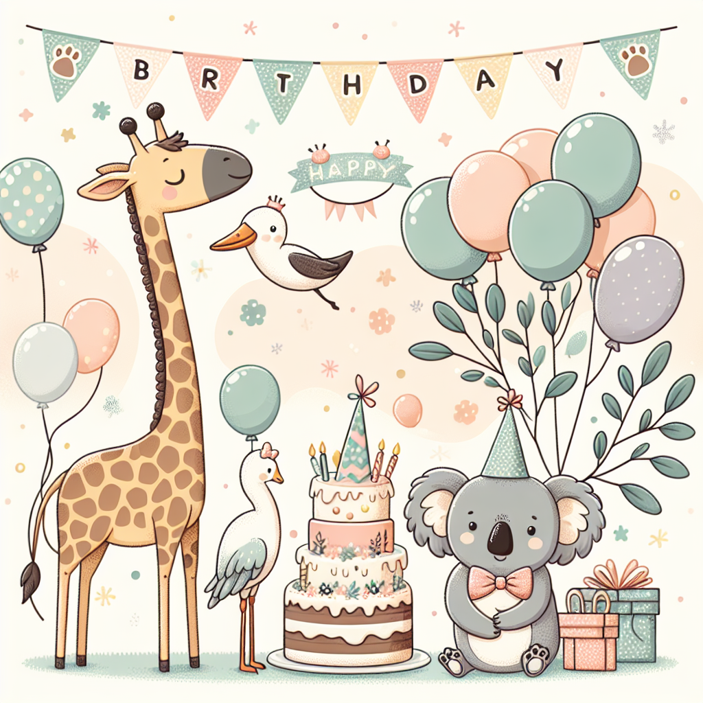 Create an adorable vector illustration capturing a birthday theme. The playful scene centers around a delightful goose, a towering giraffe, and a cute koala participating in the festive occasion. They are surrounded by soft-hued balloons and an assortment of streamers in the background. The giraffe's elongated neck is stylized with a party hat, while the koala clings to a eucalyptus branch festooned with delicate ribbons. The goose, showcasing a dapper bow tie, is demonstrated holding a delightful birthday cake, eager to divvy up amongst the celebration. Overhead, there are bunting flags artistically embossed with paw prints and various animal-themed designs, enriching the celebratory ambiance.
Generated with these themes: Goose, Giraffe , and Koala.
Made with ❤️ by AI.
