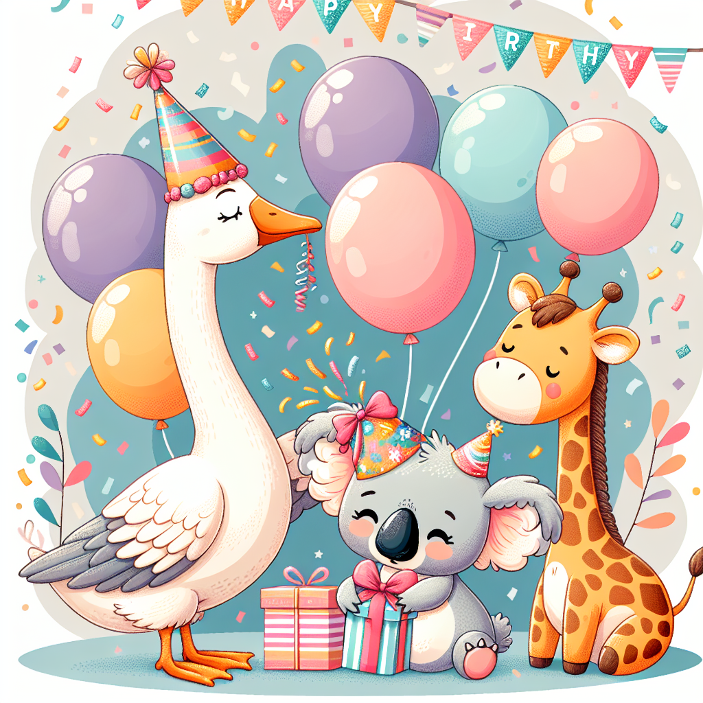 Create a whimsical vector illustration of a festive birthday party that is filled with joviality. In the illustration, a goose is seen wearing a colorful party hat, interacting with a giraffe that has a gift-wrapped box carefully balanced on its back. To complement the scenario, a koala is present, wearing a jovial bow. The joyful trio is surrounded by an array of confetti, adding to the gleeful theme. Hovering overhead is a cheerful banner bearing the phrase 'Happy Birthday'. The scene is set against a backdrop filled with balloons emitting soft hues, and a sprinkle of stars that enhances the joyous birthday theme.
Generated with these themes: Goose, Giraffe , and Koala.
Made with ❤️ by AI.