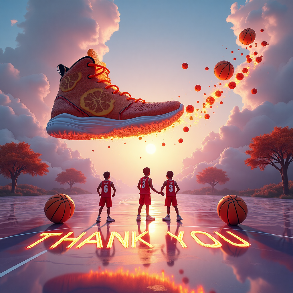 **Image Prompt:**

At the top of the abstract image, "Thanks for Lacing Up Our Wins, Coach Adam!"  

A surreal, dreamlike composition swirls across the scene — a colossal sneaker made of orange slices and basketball textures floats midair, unzipping to release a stream of tiny flaming basketballs that arc across a lavender sky. Below, a court of melted clocks stretches endlessly, while U14 Blazers — represented by half-human, half-sneaker figures in team jerseys — dance mid-dribble atop a giant bouncing whistle. The landscape melts and reforms with motion: hoops grow like vines from surreal trees, and basketballs rain from floating referee clouds. A glowing trail of chalk strategy lines etches the path of gratitude across the horizon, forming the words "THANK YOU" in glowing script reflected on a liquid mirror-court.
Generated with these themes: Sneaker, Basketball , and U14’s Blazers.
Made with ❤️ by AI.