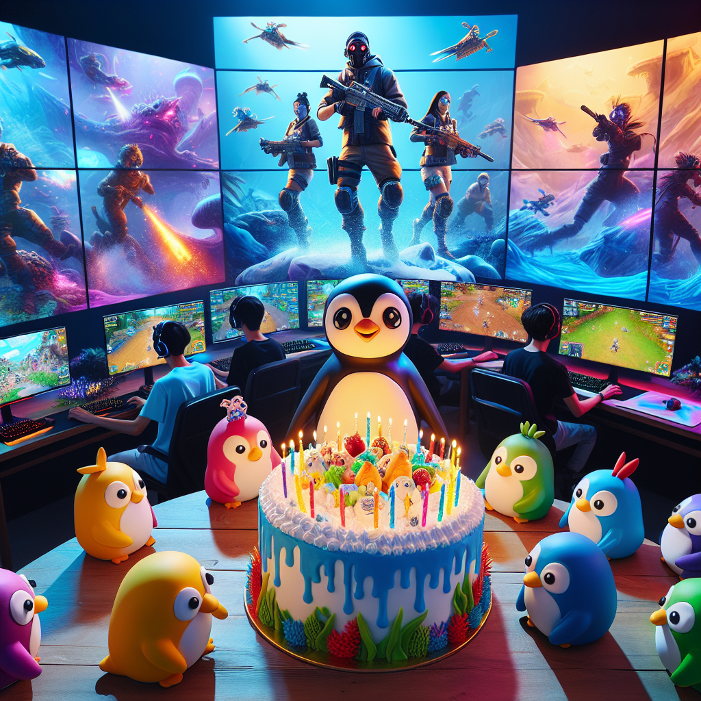 A room is filled with a mesmerizing blend of vibrant monitors illuminating with images of an action-packed battle game, akin to ones seen in popular battle royale games. Decorations in the room borrow designs from animated cartoony creatures, like underwater salamanders and arctic birds. Individuals in the room are enjoying each other's company, engrossed in intense challenges, wearing gaming gear. An assembly of cute, cartoony penguin-like figures from a video game can be seen dancing in delight around a cake that mirrors the jubilant colors of amphibious and virtual game world patterns.
Generated with these themes: Axolotls, Gaming, Penguins, and Fortnite .
Made with ❤️ by AI.