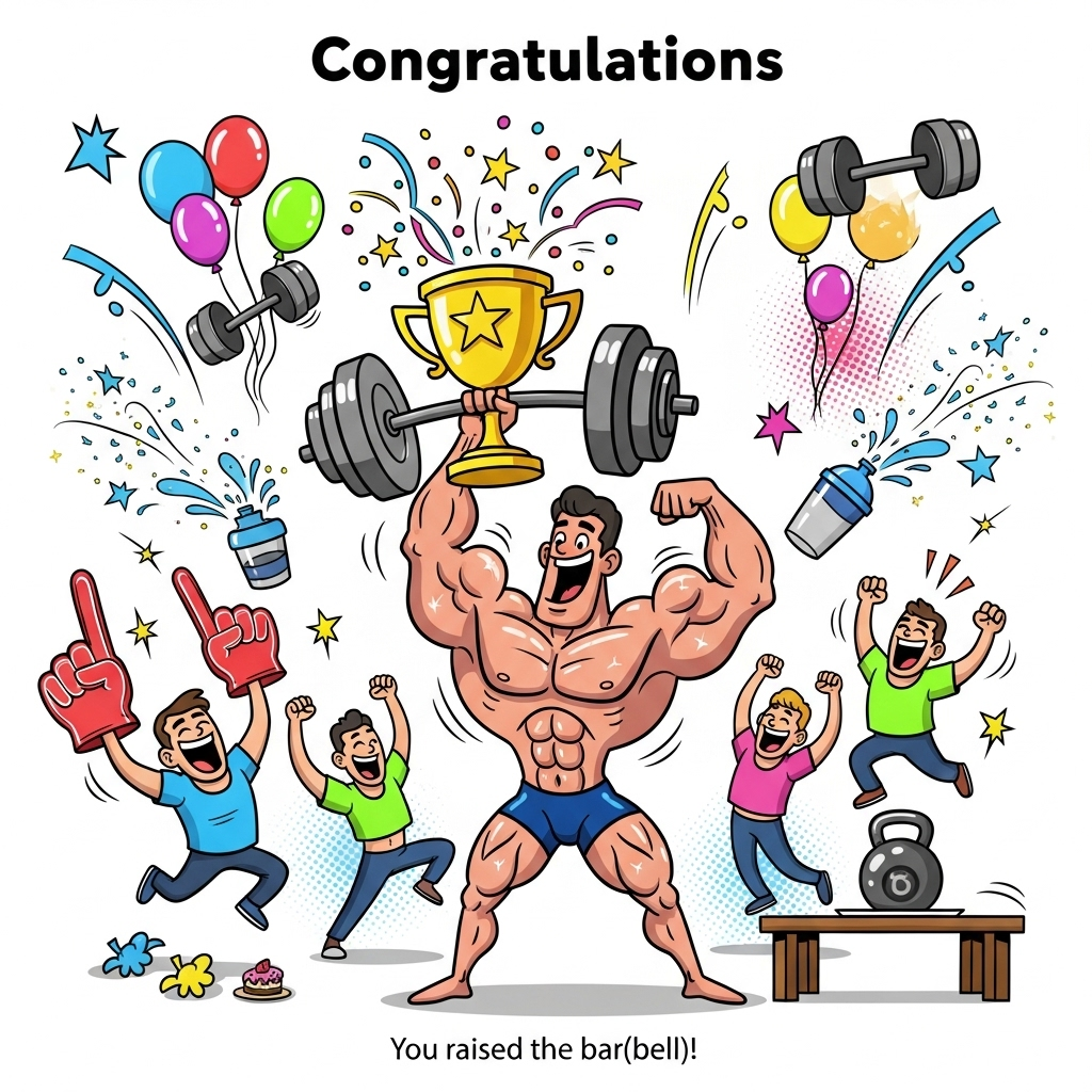 At the top of the Cartoon Style image, "Congratulations "

A playful, funny cartoon bodybuilding celebration: a beaming, ultra-exaggerated bodybuilder with gigantic shiny biceps strikes a triumphant flex while hoisting a gold trophy–shaped barbell; the plates are sparkling stars firing confetti. Cheering sidekicks with goofy grins and oversized foam fingers jump and pose around them, a protein shaker spraying a glittery splash, balloons and streamers shaped like dumbbells arcing across the scene, and a kettlebell-shaped cake on a bench nearby. Thick black outlines, bright saturated colors (electric blue, neon pink, lime green, sunny yellow), chunky cel shading, motion lines, starbursts, and playful halftone dots; slight low-angle perspective for extra epic silliness. Clear space around the top text.

At the bottom of the Cartoon Style image, a small cheeky caption: "You raised the bar(bell)!"
Generated with these themes: Bodybuilding , and .
Made with ❤️ by AI.