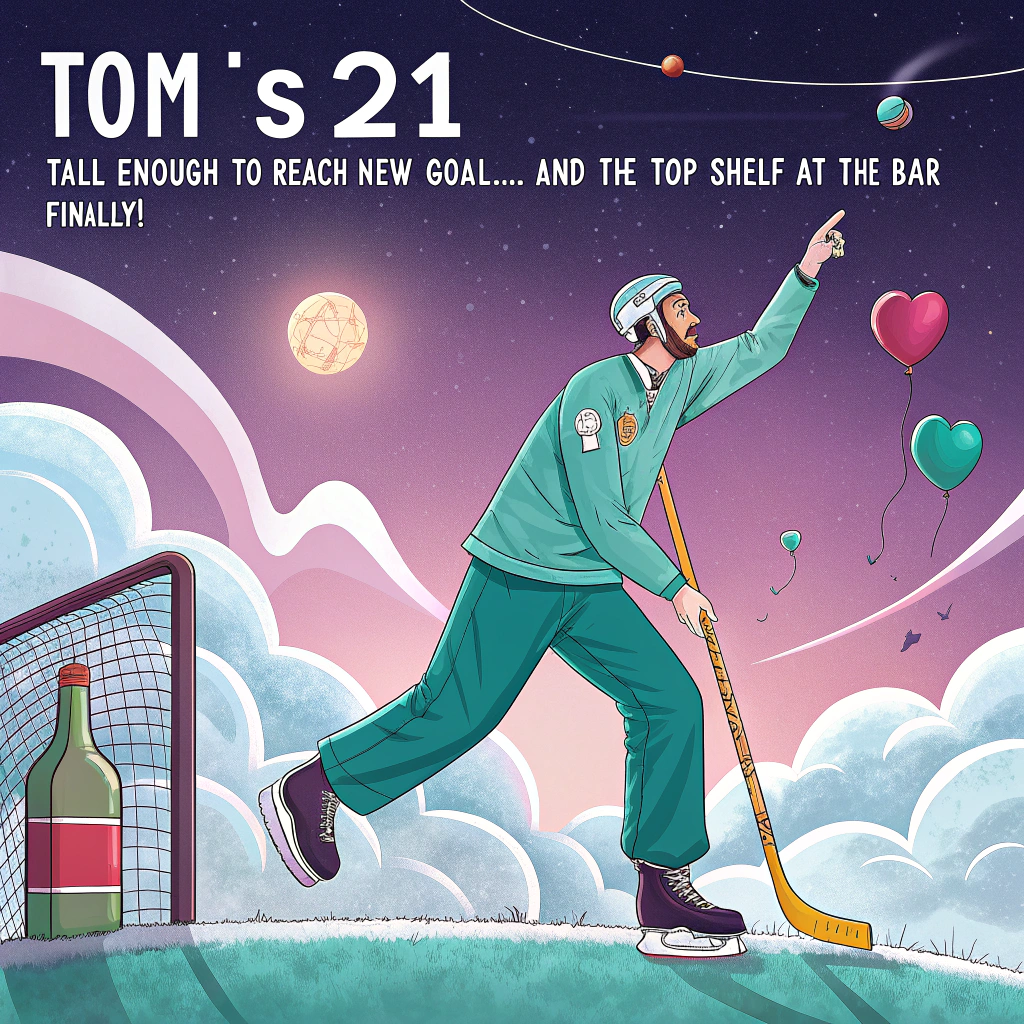 At the top of the image, "Tom’s 21 – tall enough to reach new goals… and the top shelf at the bar (finally)!"

– Depict a surreal, vibrant illustration of a comically tall Tom in full teal medical scrubs, confidently scoring a field hockey goal on a glowing, oversized moon-shaped pitch that floats in a dreamlike sky filled with birthday balloons shaped like anatomical hearts and 21-shaped clouds.

– A champagne bottle dressed like a referee is blowing a party horn while confetti explodes from a stethoscope. On the sidelines, other field hockey players are cake slices wearing party hats and cheering.

– Tom is mid-stride, one leg on Earth, the other comically balancing on Saturn’s rings as he flicks the ball into the goal made of giant candles and cotton candy.

– In the background, a party banner strung between two levitating IV stands reads: “Goal-Scoring, Chart-Writing, Birthday-Turning Legend!”
Generated with these themes: Scoring field hockey goal wearing scrubs, Hes very tall, and Celebrating 21st birthday.
Made with ❤️ by AI.