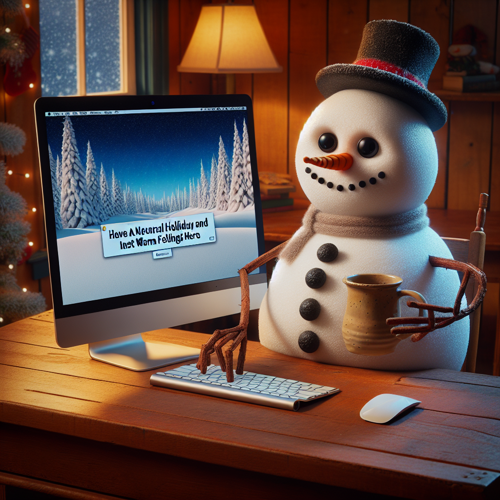 A snowman sits at a desk, holding a mug with a humorous expression as it types on a computer with a holiday-themed screensaver. The text 'Have a neutral holiday and insert warm feelings here' is displayed on the computer screen, surrounded by digital snowflakes.
Generated with these themes: Snowman, and Computer.
Made with ❤️ by AI.
