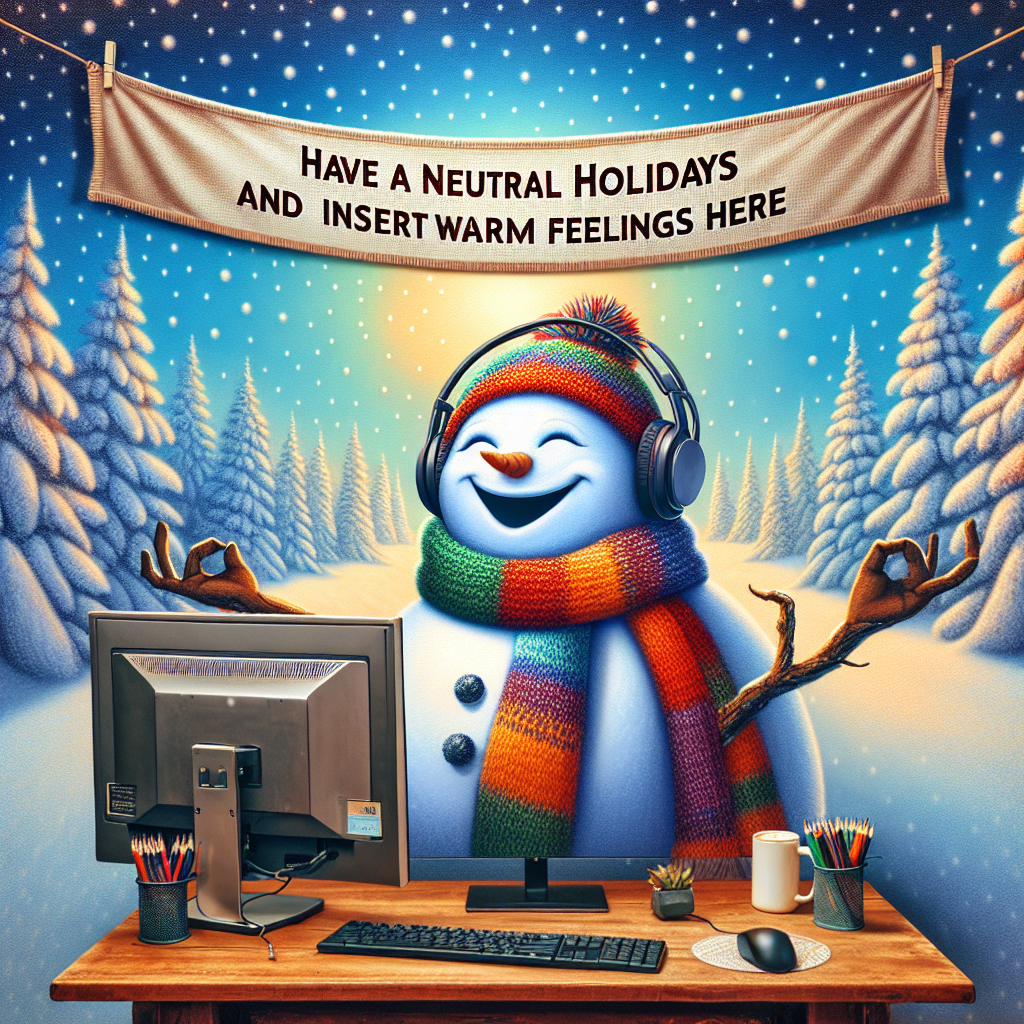 A snowman wearing a colorful scarf and headphones is shown laughing while pointing at his computer screen which displays a funny Christmas meme. Above the scene hangs a banner that reads 'Have a neutral holiday and insert warm feelings here', set against a backdrop of gently falling snow.
Generated with these themes: Snowman, and Computer.
Made with ❤️ by AI.